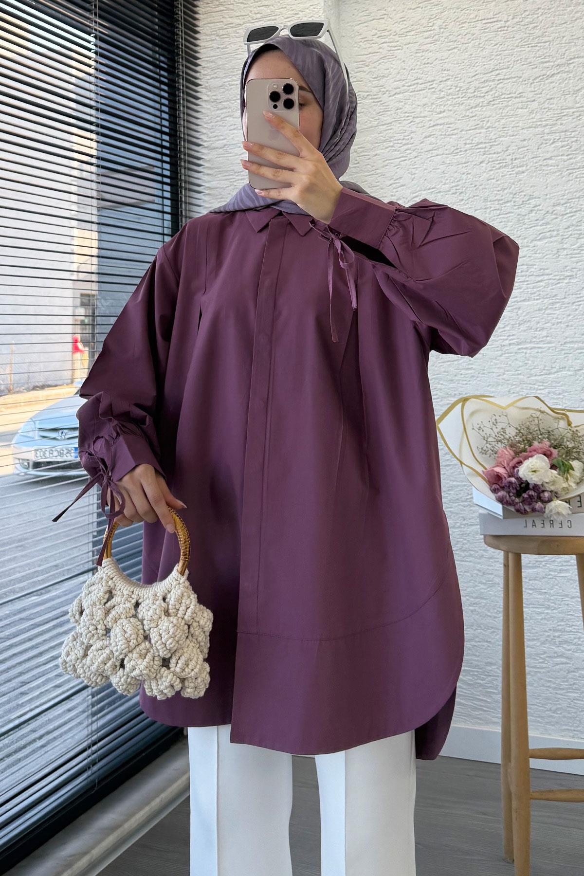 Premium Kolu Bağlamalı Pensli Poplin Tunik - Mürdüm