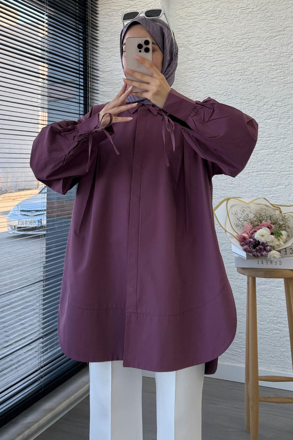 Premium Kolu Bağlamalı Pensli Poplin Tunik - Mürdüm