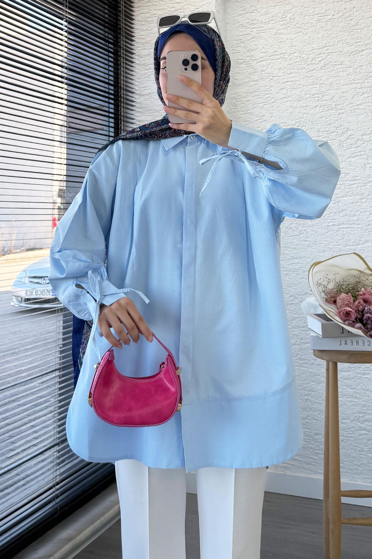 Premium Kolu Bağlamalı Pensli Poplin Tunik - Mavi