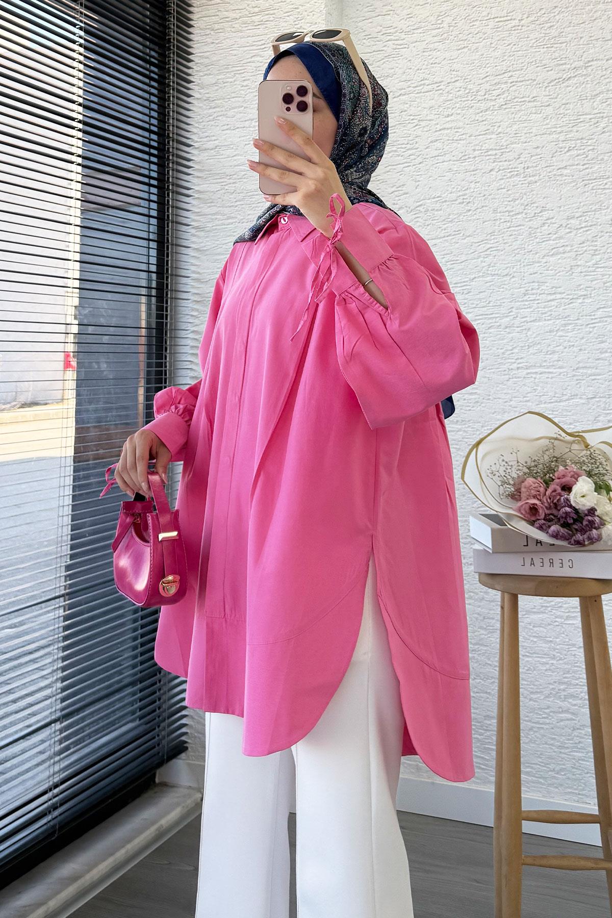 Premium Kolu Bağlamalı Pensli Poplin Tunik - Pembe