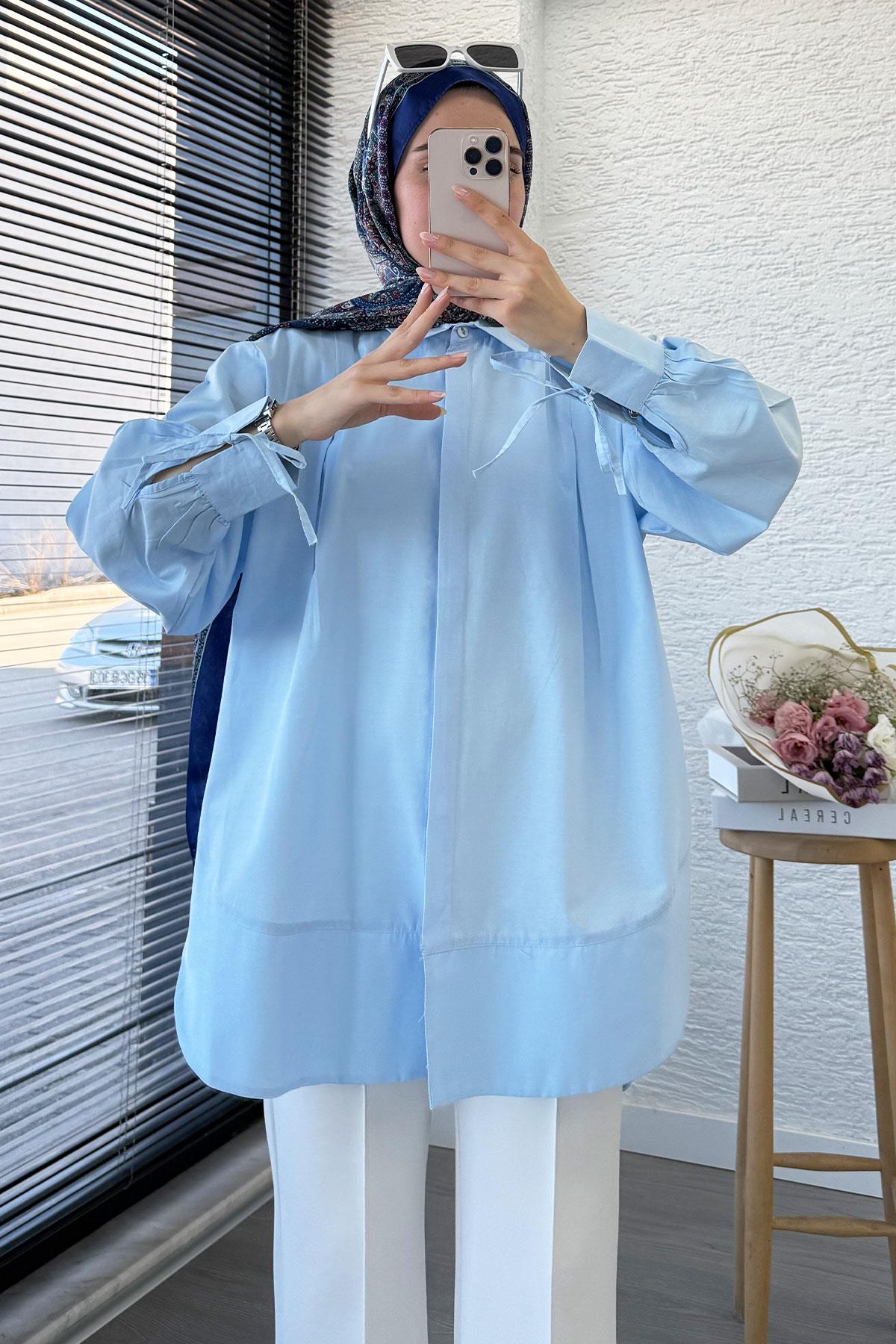Premium Kolu Bağlamalı Pensli Poplin Tunik - Mavi