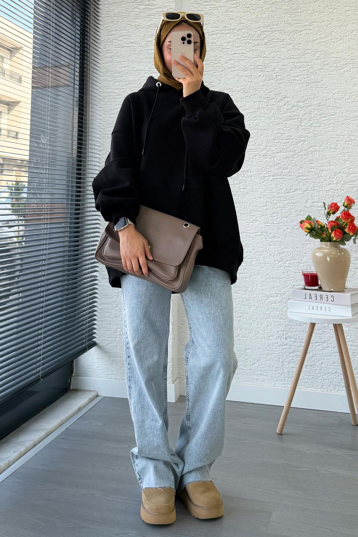 Premium Kolu Pilise Detaylı Oversize Kadın Sweat – Siyah