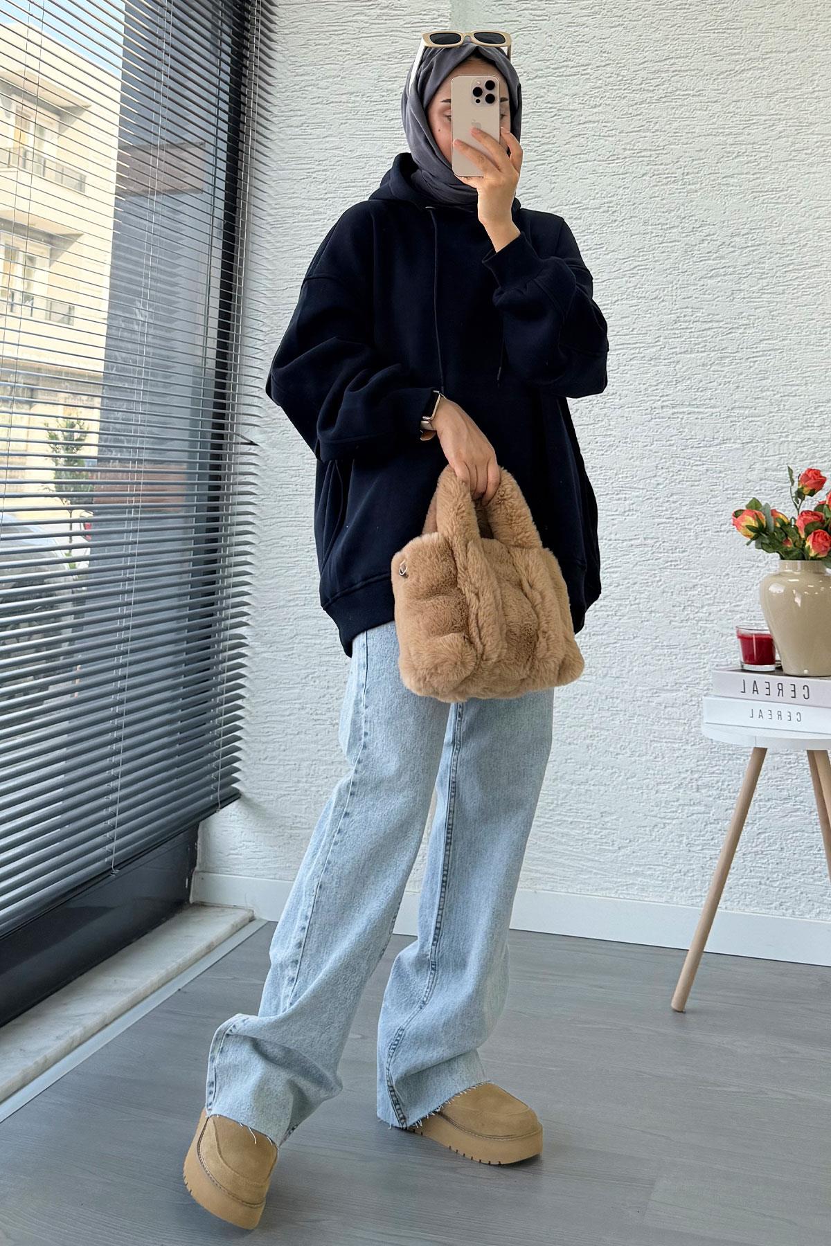 Premium Kolu Pilise Detaylı Oversize Kadın Sweat – Lacivert