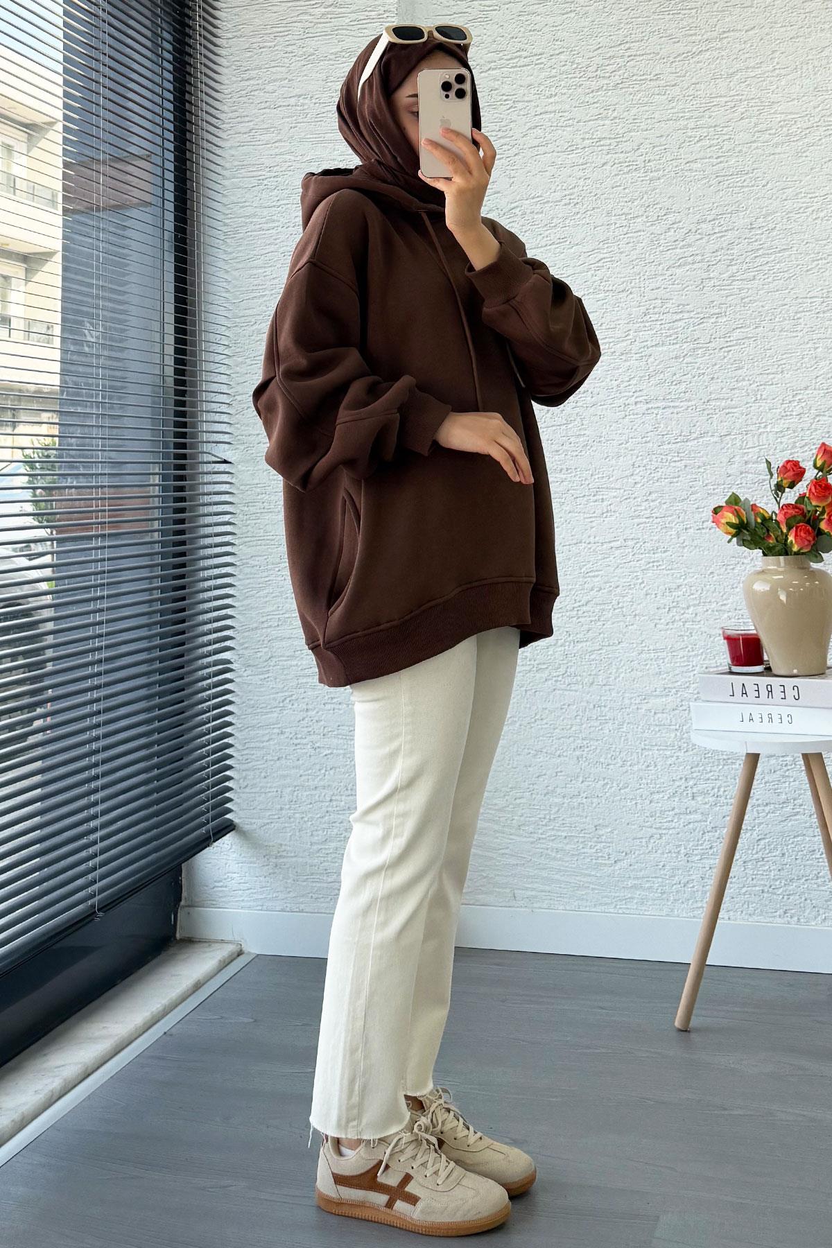 Premium Kolu Pilise Detaylı Oversize Kadın Sweat – Kahverengi