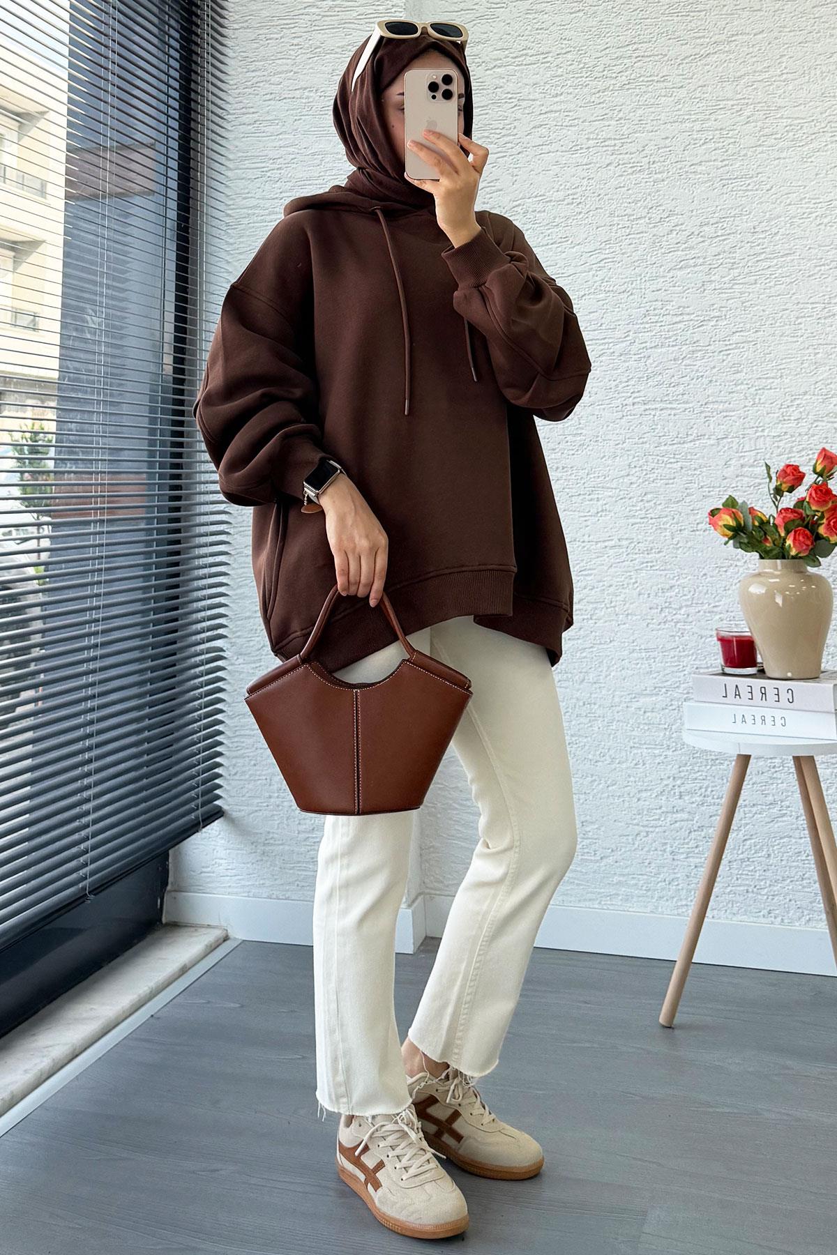 Premium Kolu Pilise Detaylı Oversize Kadın Sweat – Kahverengi