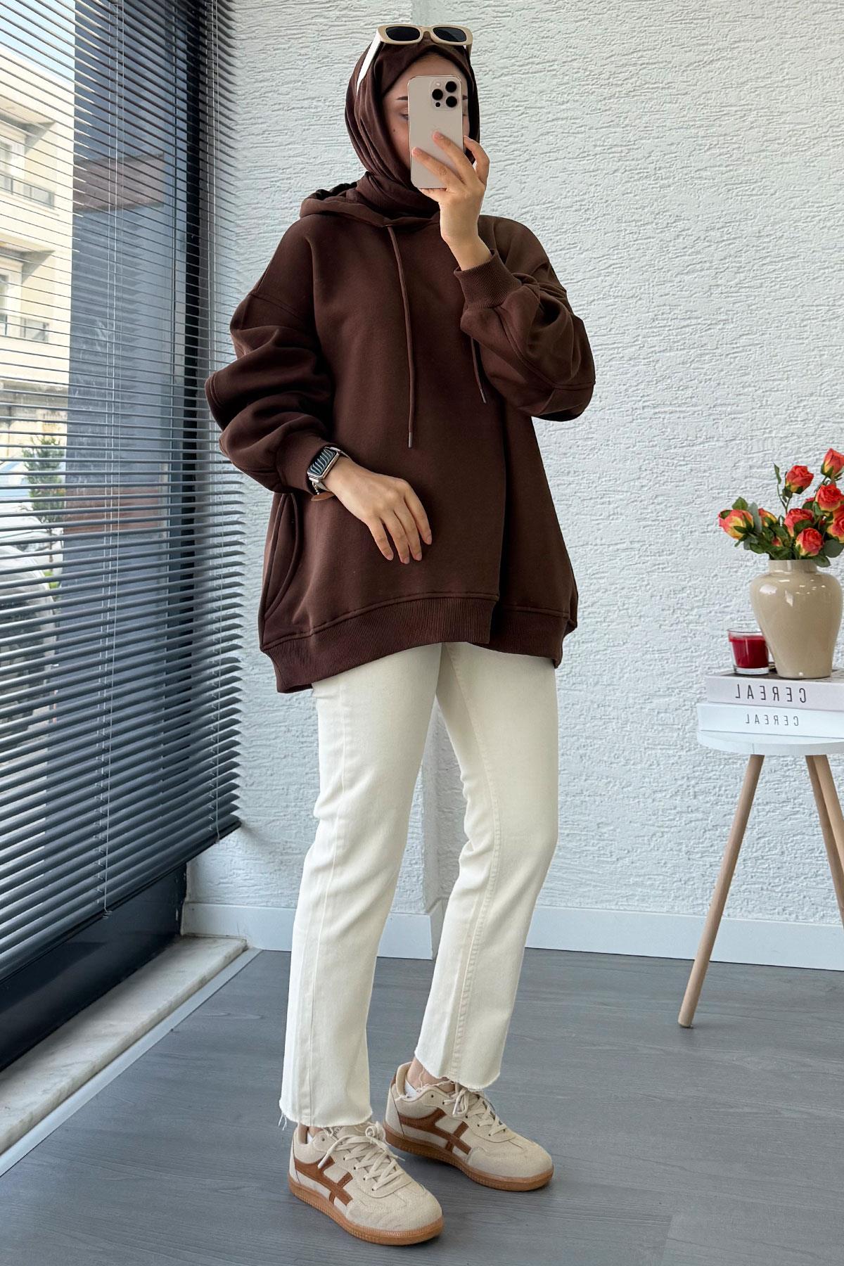 Premium Kolu Pilise Detaylı Oversize Kadın Sweat – Kahverengi