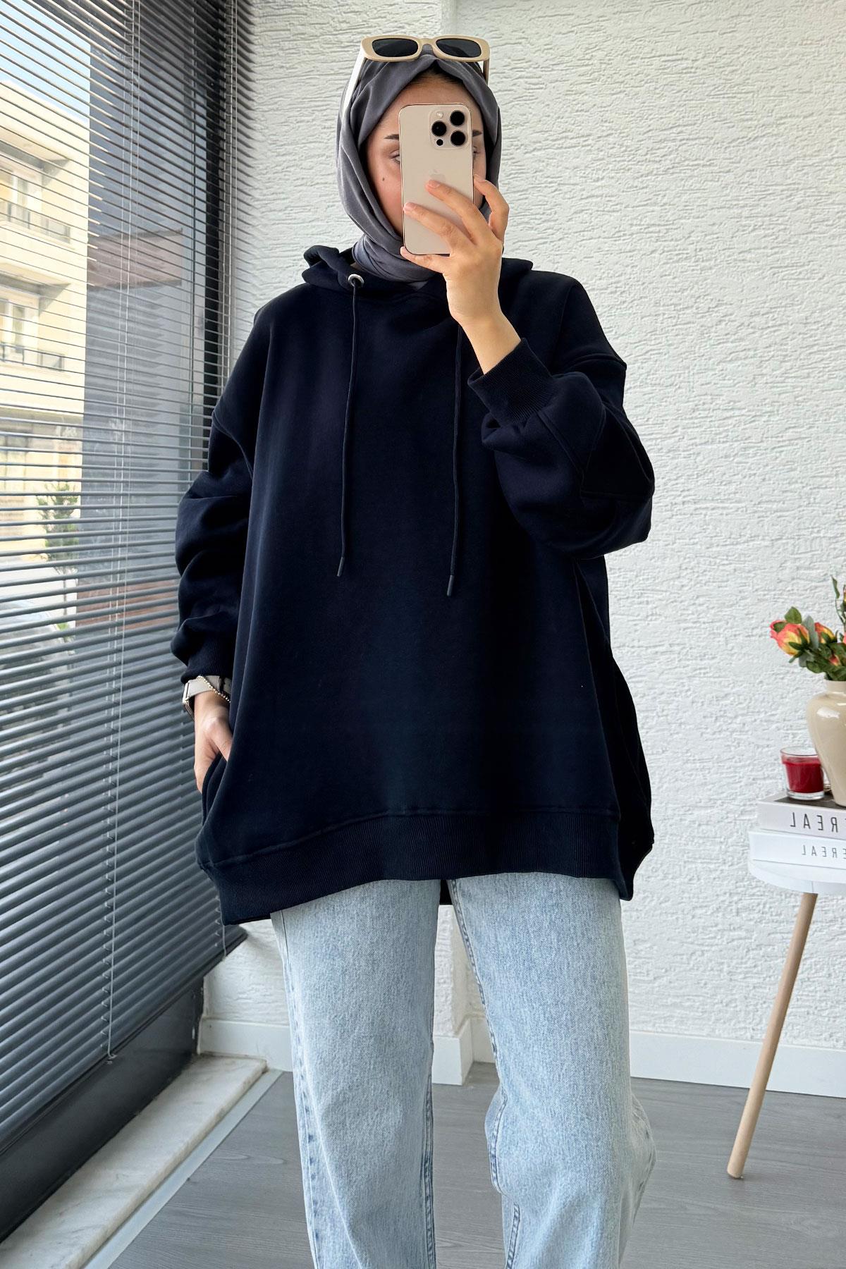 Premium Kolu Pilise Detaylı Oversize Kadın Sweat – Lacivert