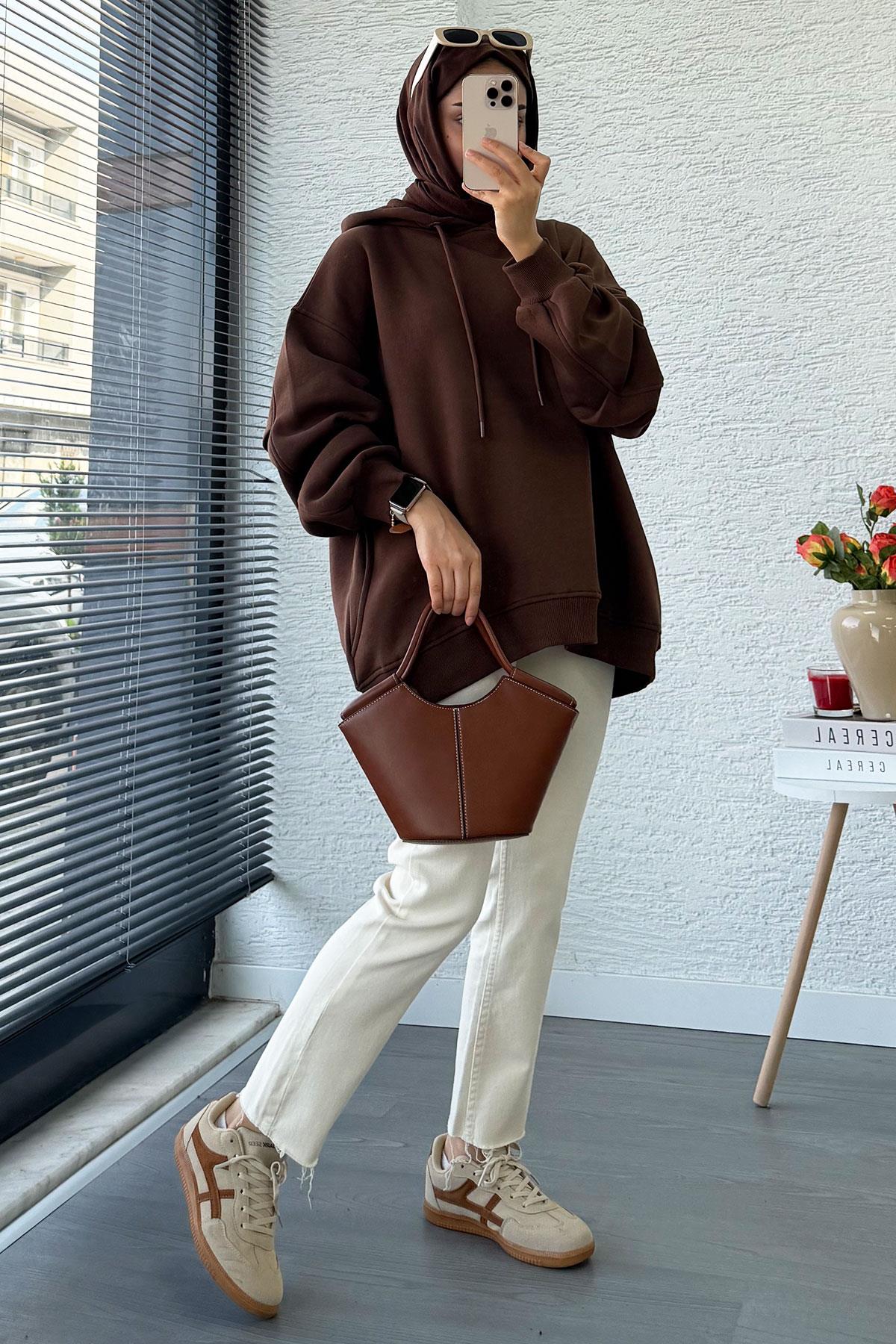 Premium Kolu Pilise Detaylı Oversize Kadın Sweat – Kahverengi