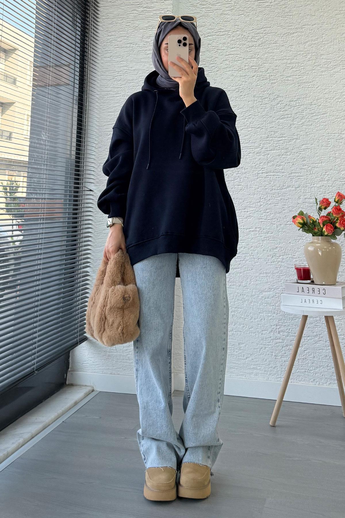 Premium Kolu Pilise Detaylı Oversize Kadın Sweat – Lacivert
