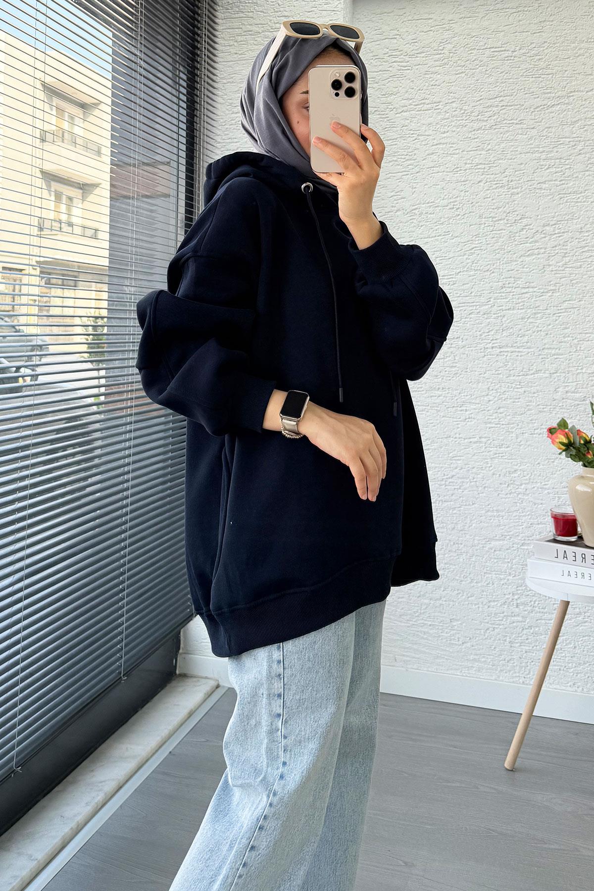 Premium Kolu Pilise Detaylı Oversize Kadın Sweat – Lacivert