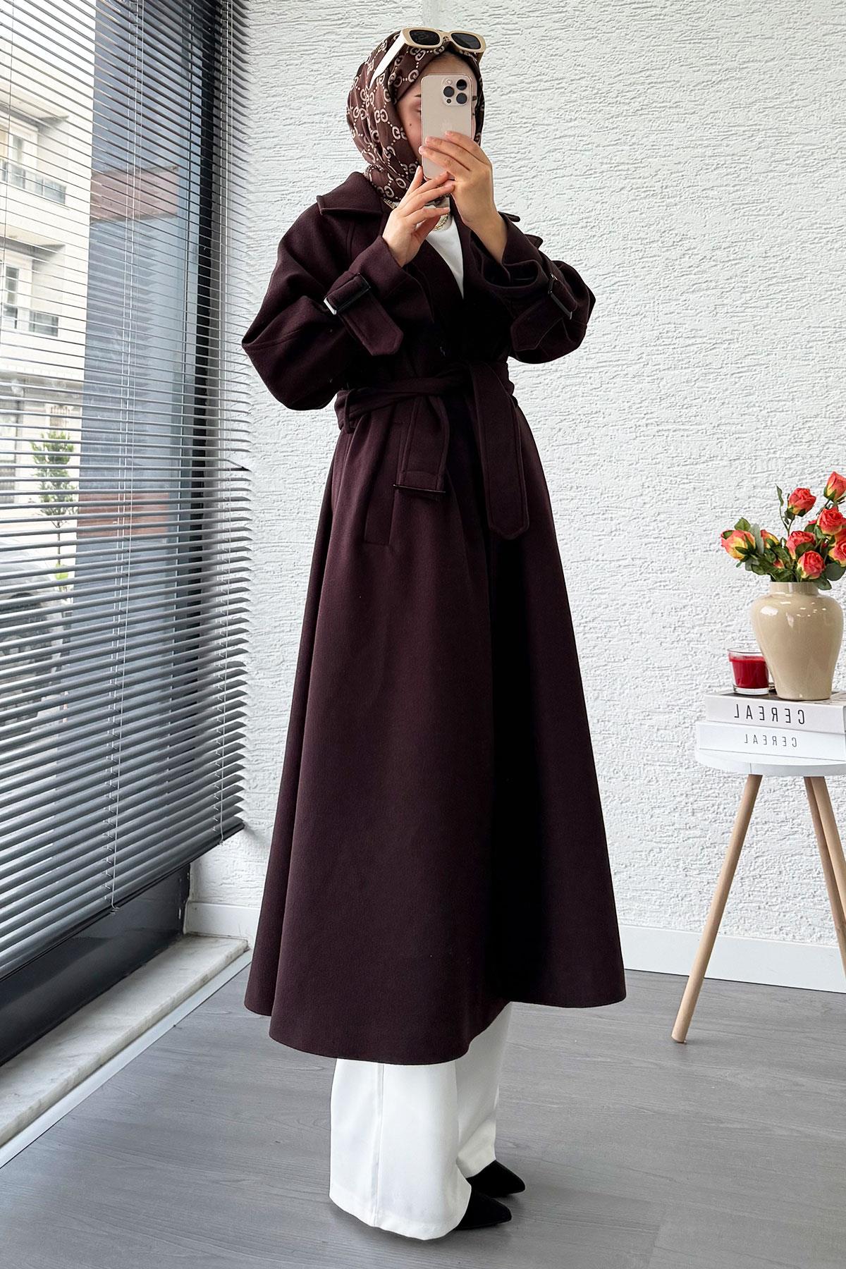 Premium Kolu Tokalı Oversize Eva Kaşe Kaban – Kızıl Kahve