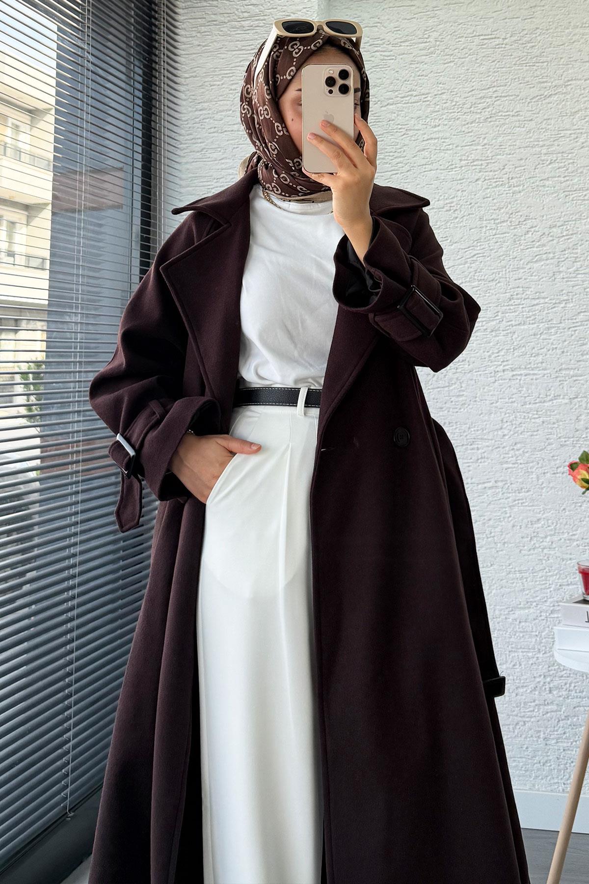 Premium Kolu Tokalı Oversize Eva Kaşe Kaban – Kızıl Kahve