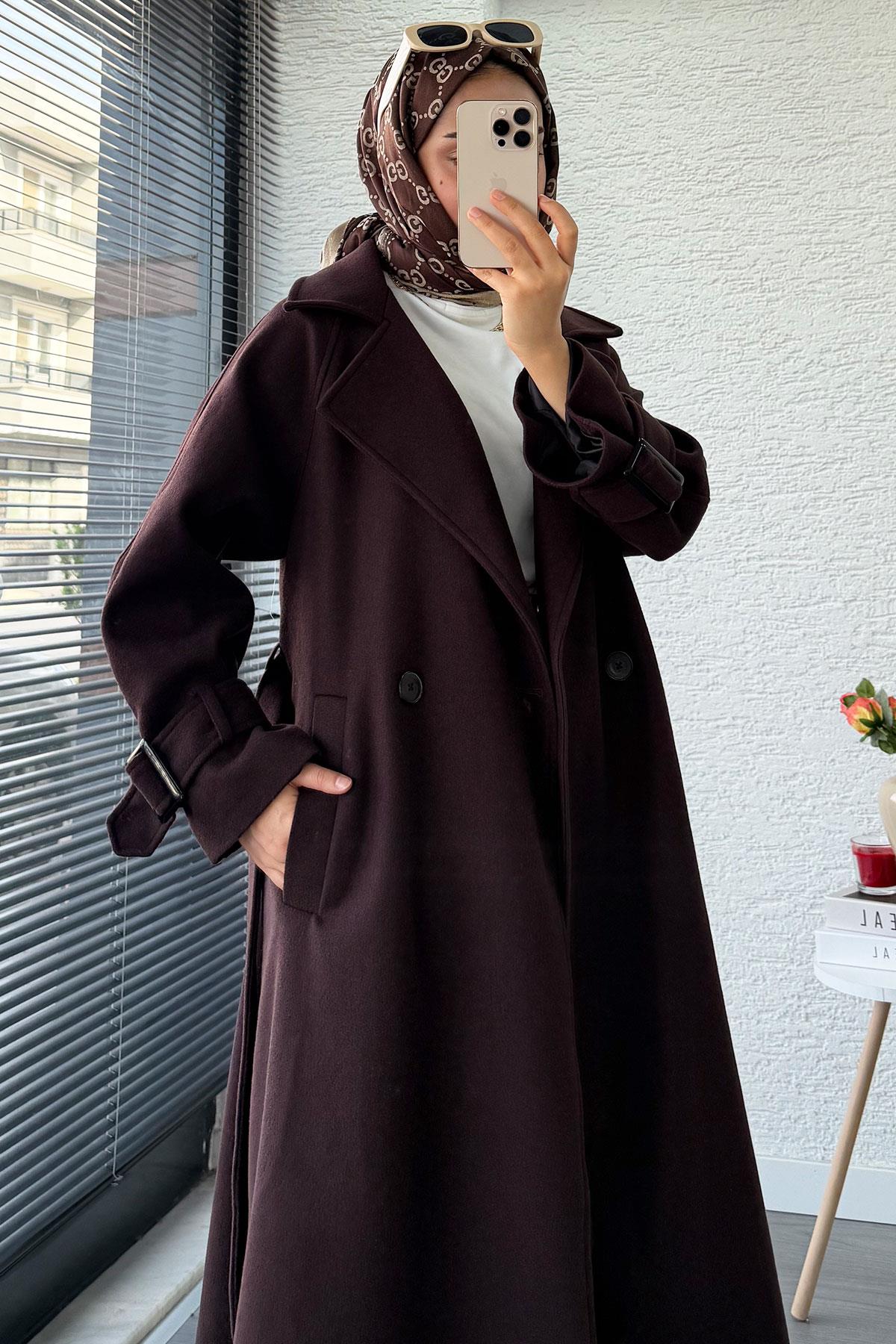 Premium Kolu Tokalı Oversize Eva Kaşe Kaban – Kızıl Kahve