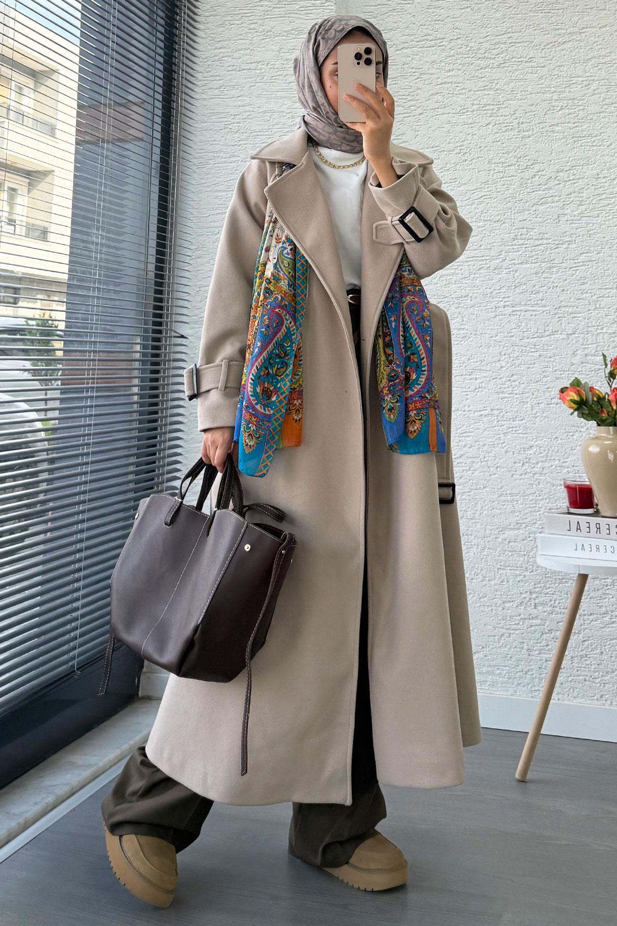Premium Kolu Tokalı Oversize Eva Kaşe Kaban – Taş