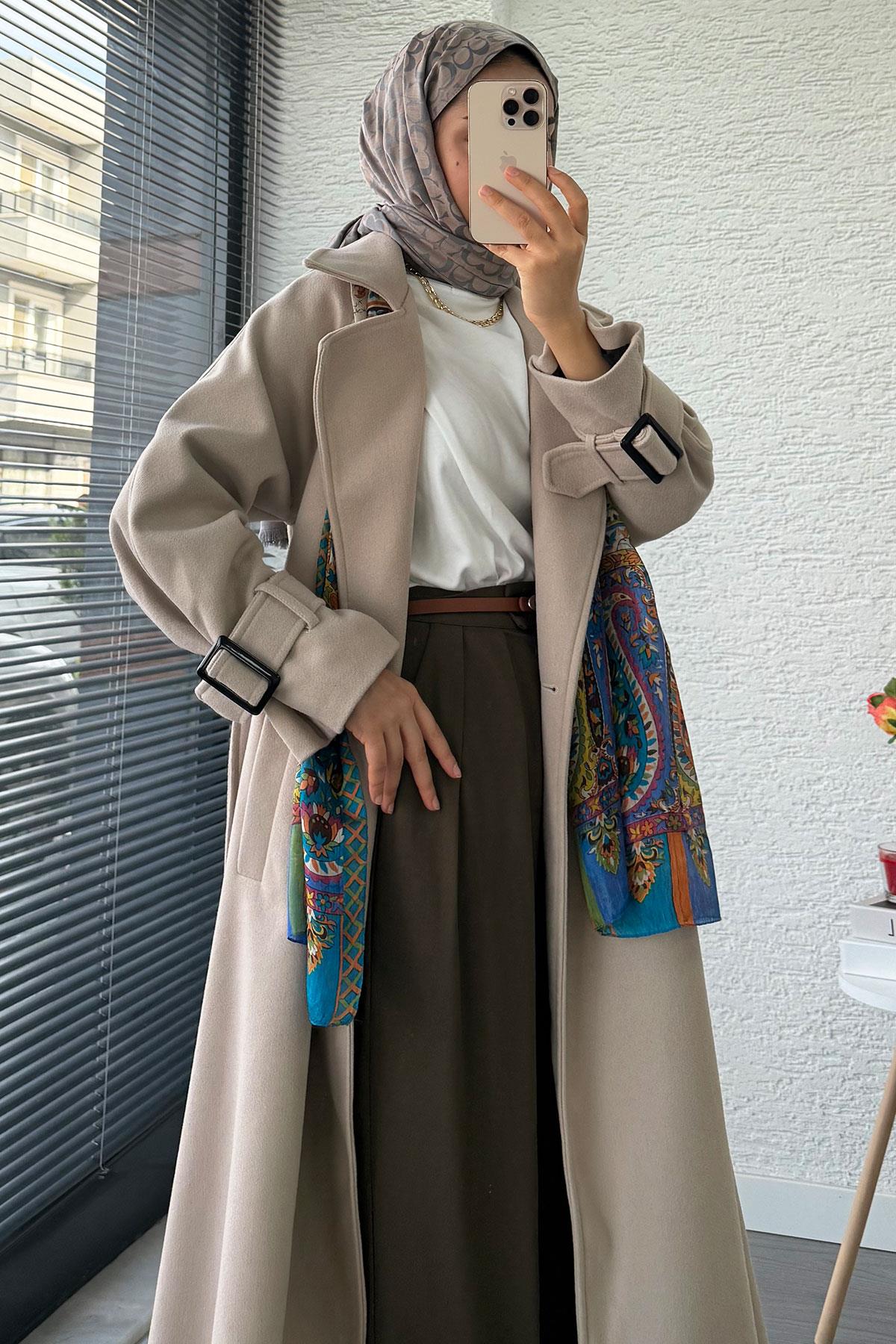 Premium Kolu Tokalı Oversize Eva Kaşe Kaban – Taş