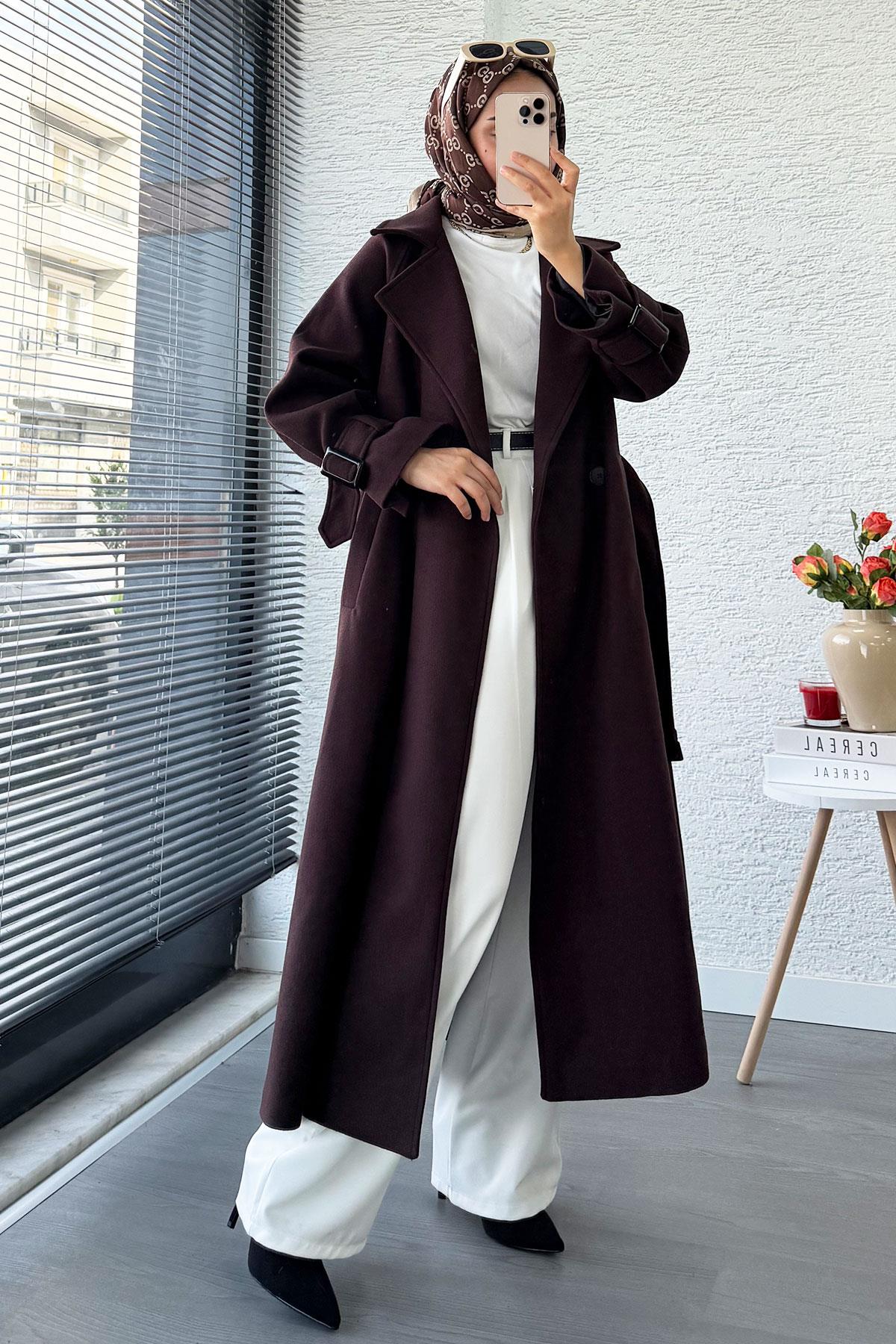 Premium Kolu Tokalı Oversize Eva Kaşe Kaban – Kızıl Kahve