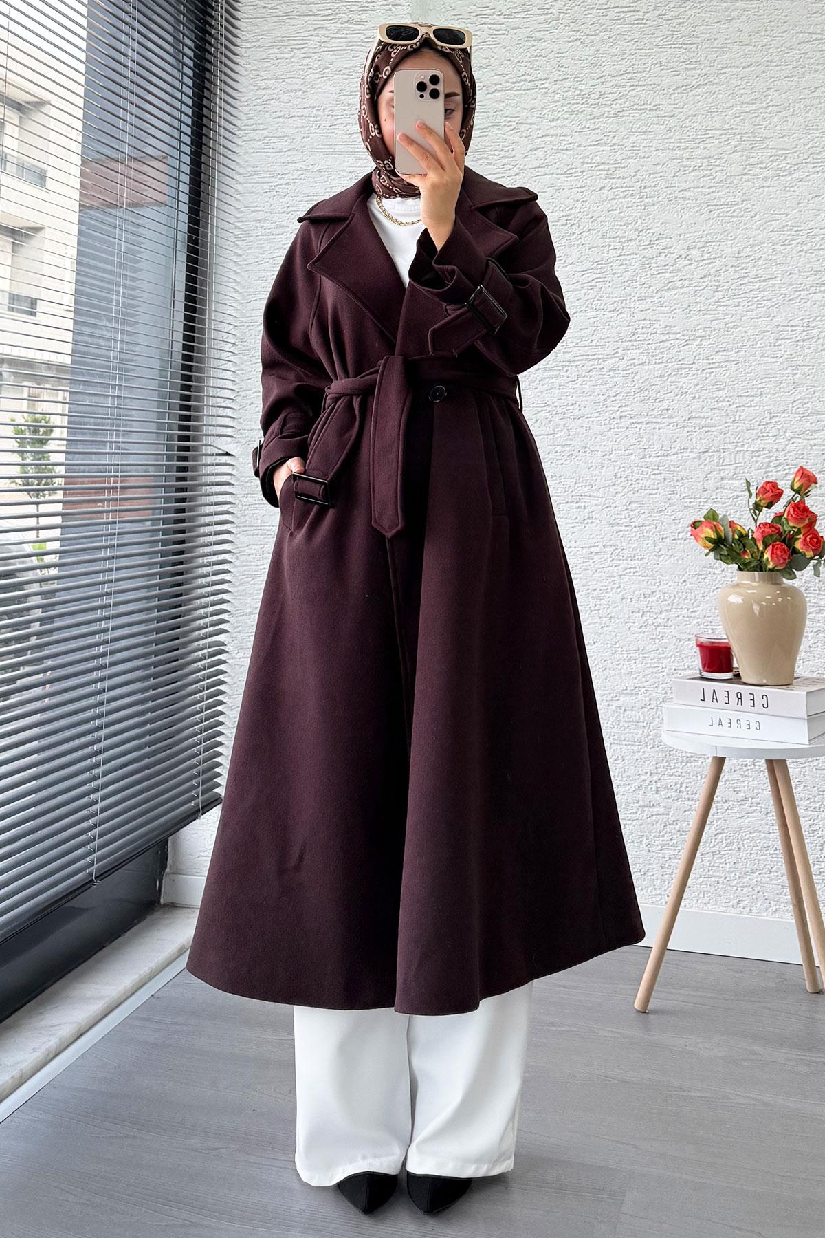 Premium Kolu Tokalı Oversize Eva Kaşe Kaban – Kızıl Kahve