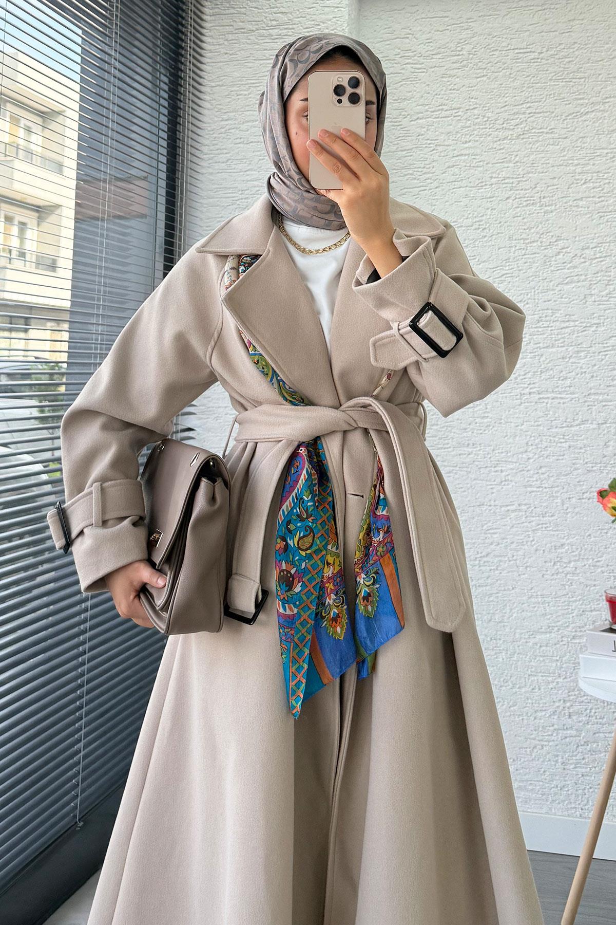 Premium Kolu Tokalı Oversize Eva Kaşe Kaban – Taş