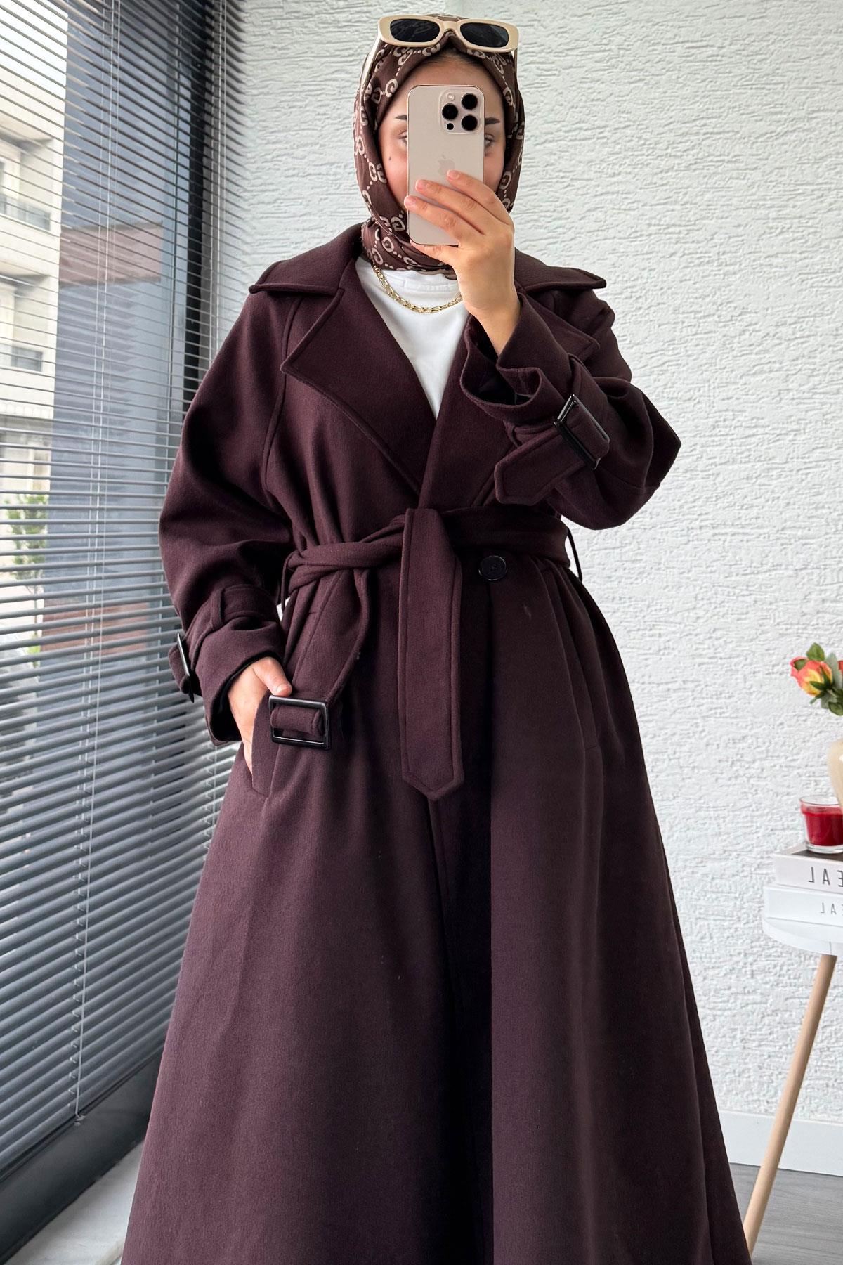 Premium Kolu Tokalı Oversize Eva Kaşe Kaban – Kızıl Kahve
