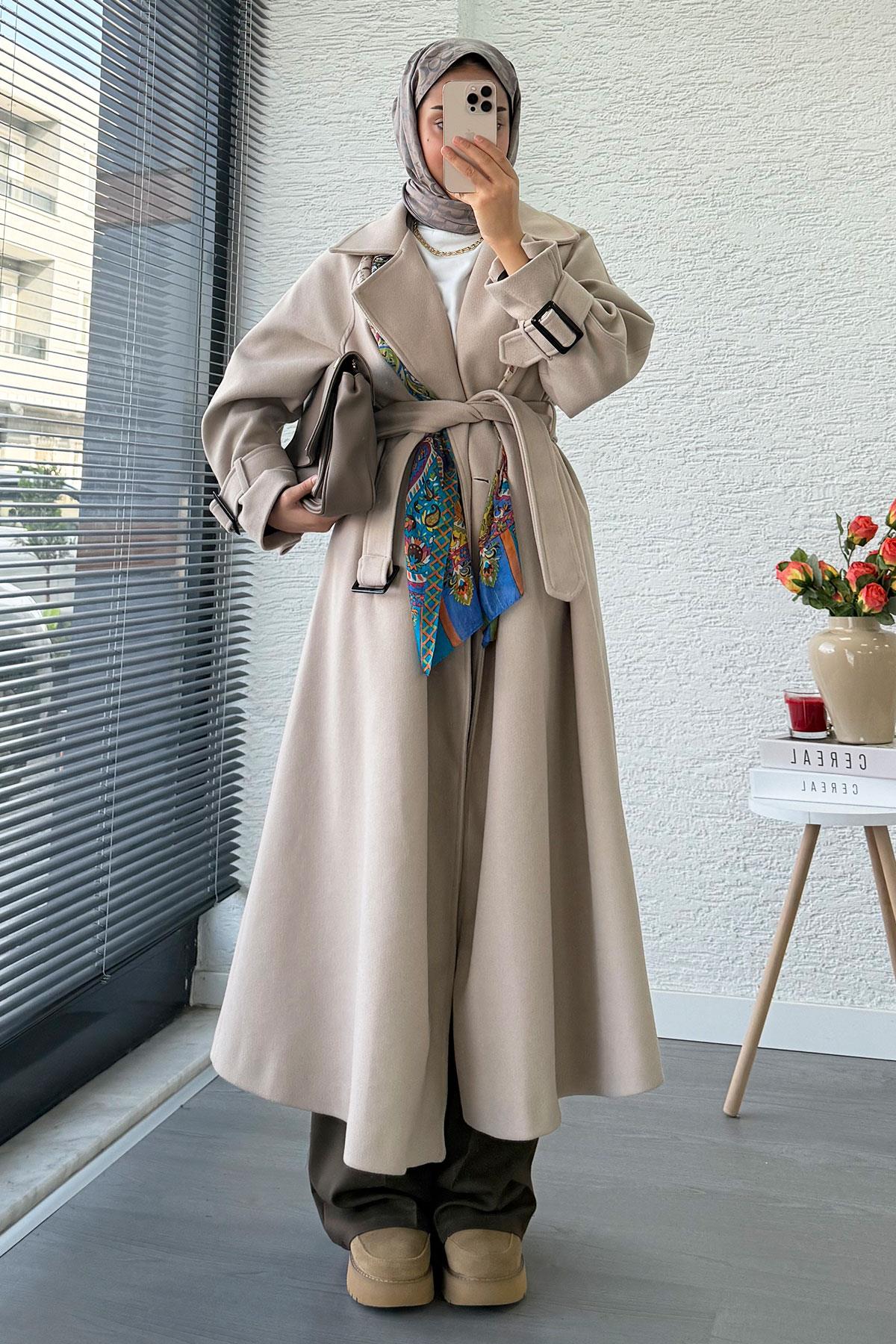 Premium Kolu Tokalı Oversize Eva Kaşe Kaban – Taş