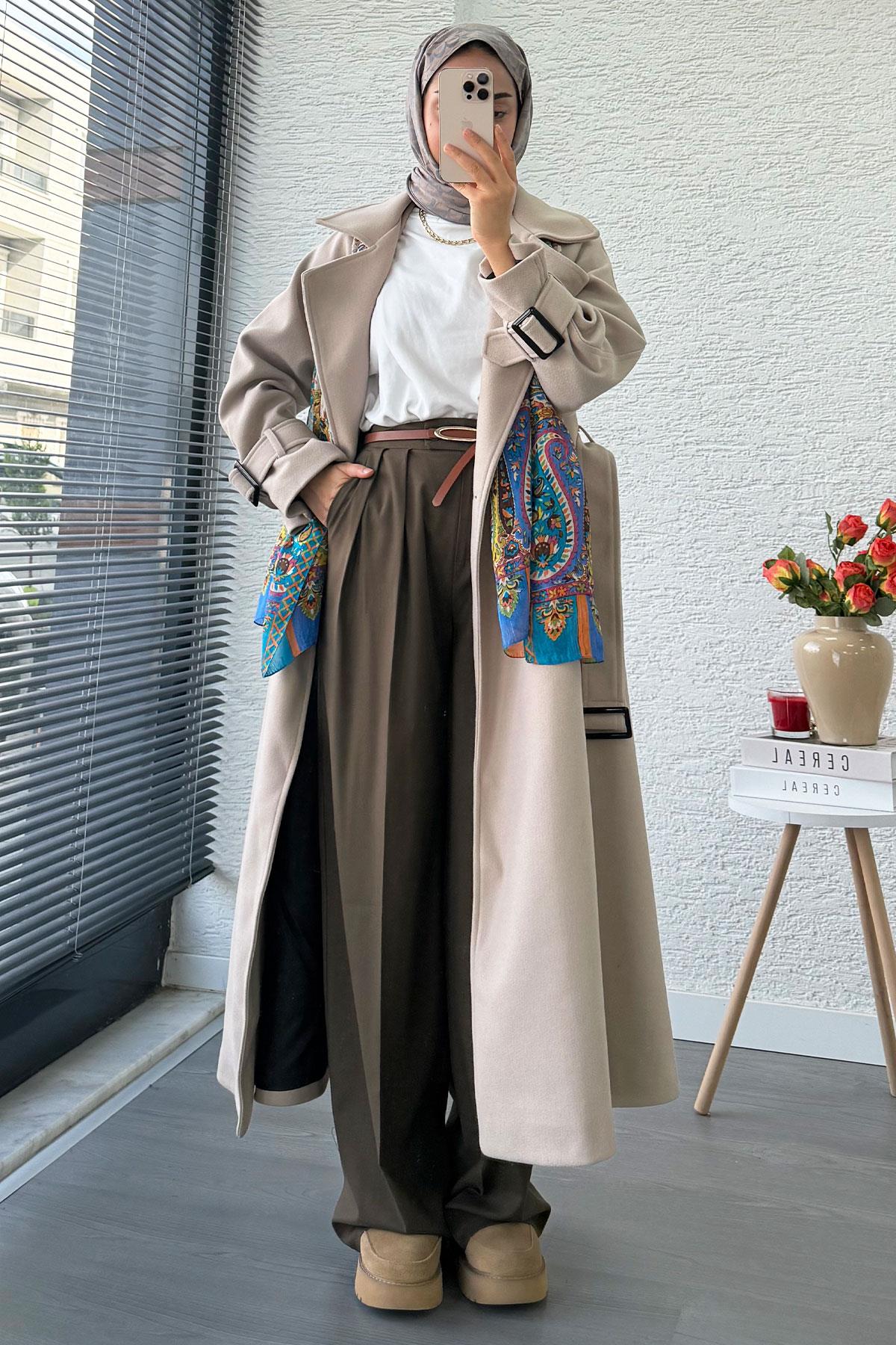 Premium Kolu Tokalı Oversize Eva Kaşe Kaban – Taş