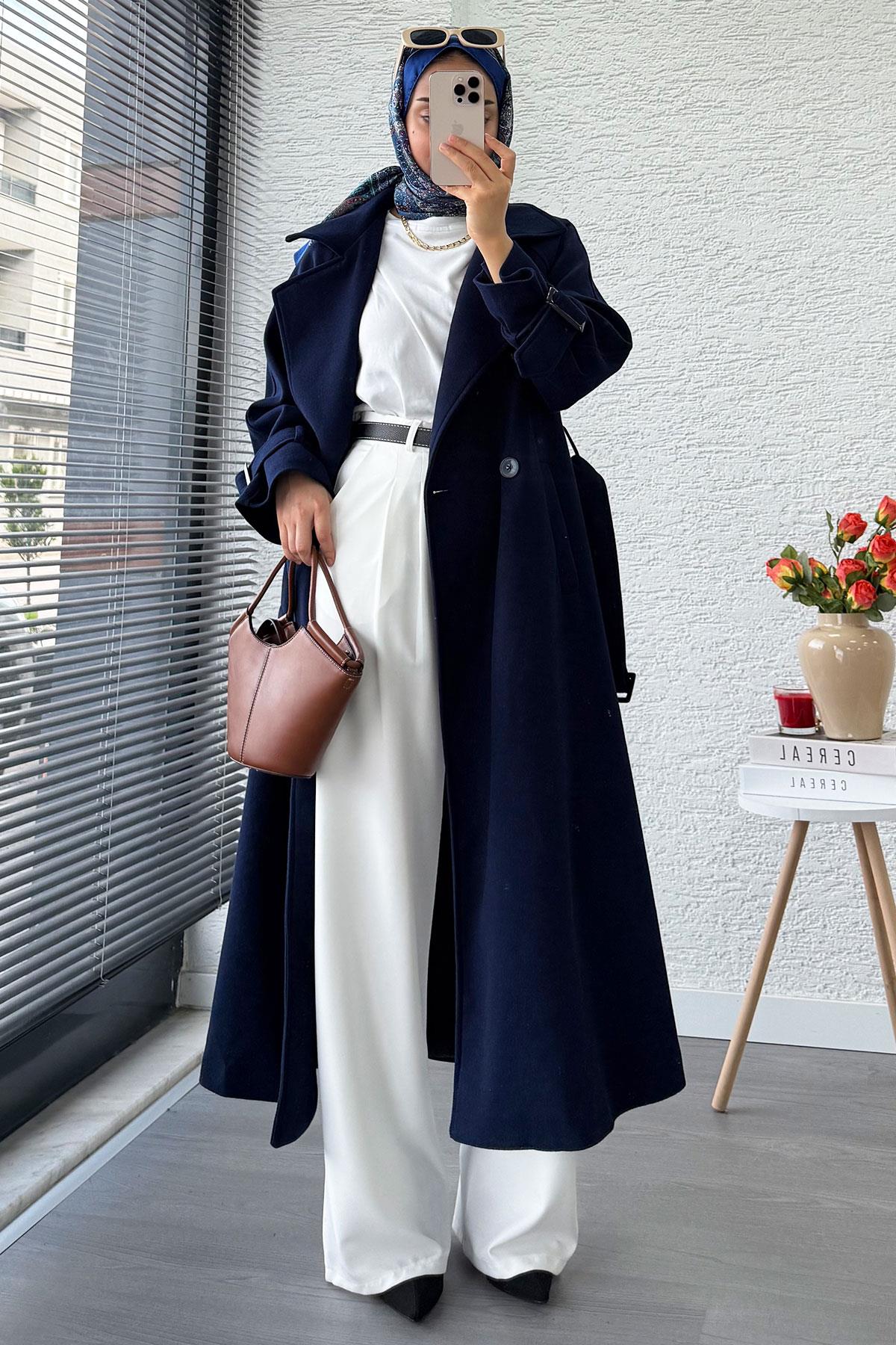 Premium Kolu Tokalı Oversize Eva Kaşe Kaban – Lacivert