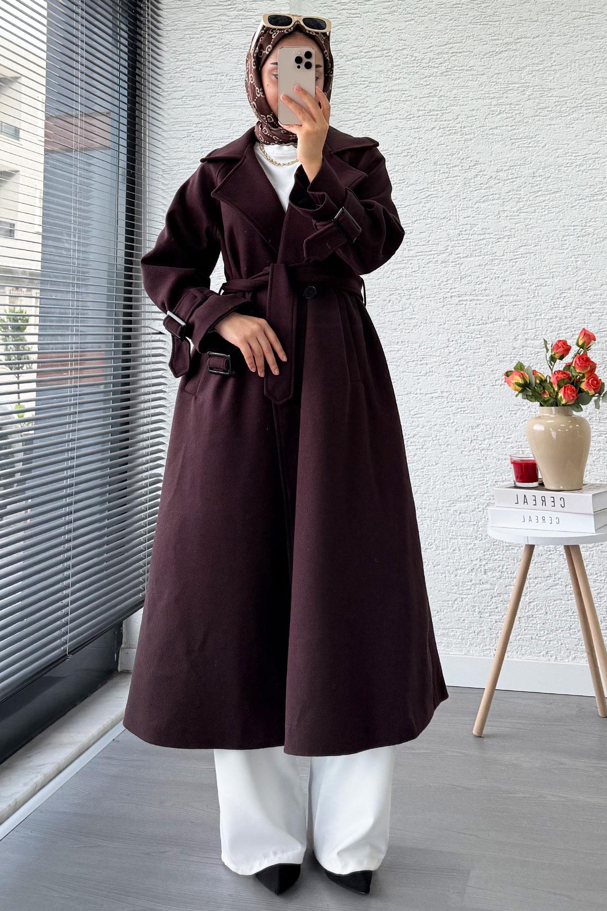 Premium Kolu Tokalı Oversize Eva Kaşe Kaban – Kızıl Kahve