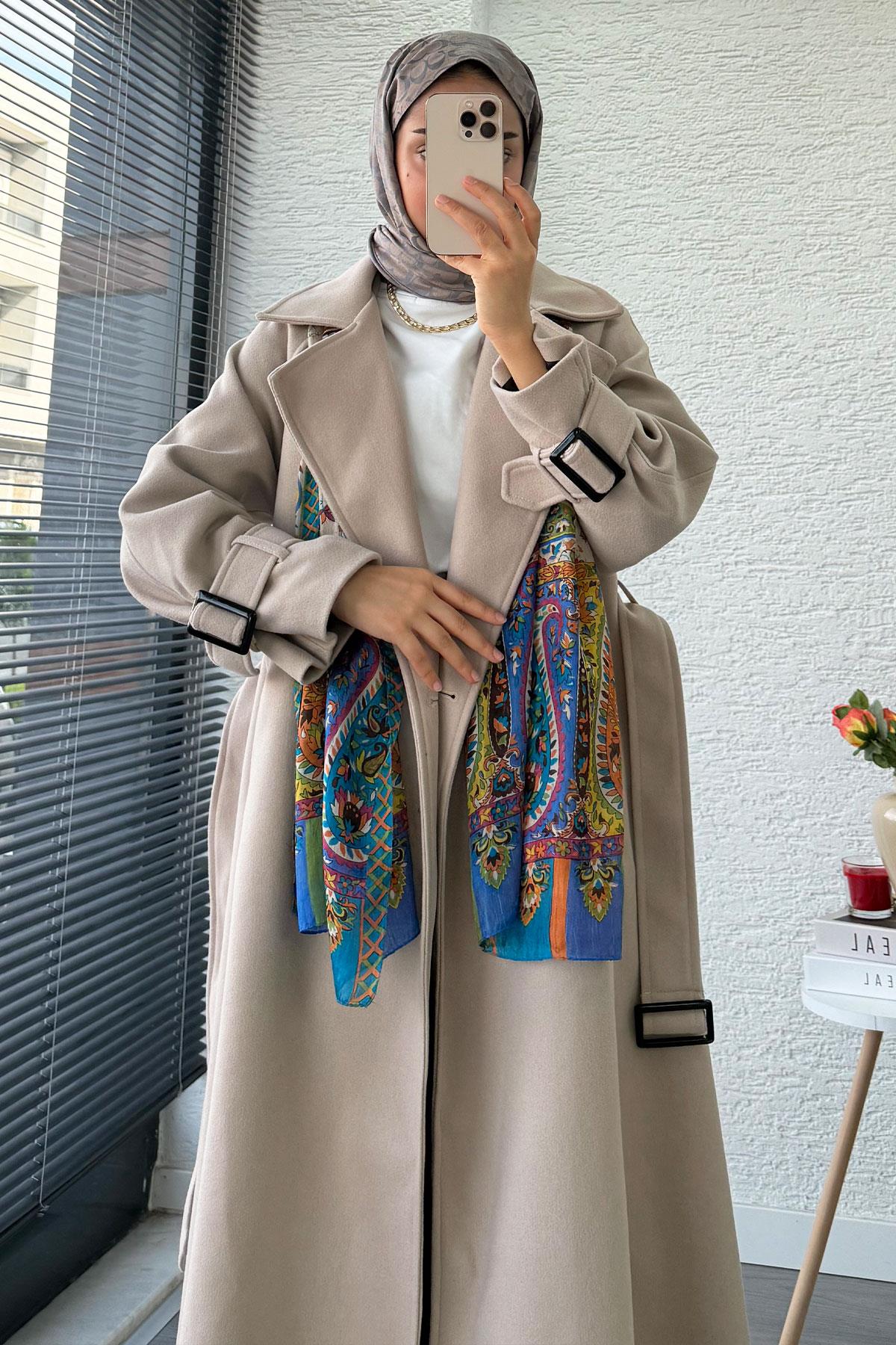 Premium Kolu Tokalı Oversize Eva Kaşe Kaban – Taş