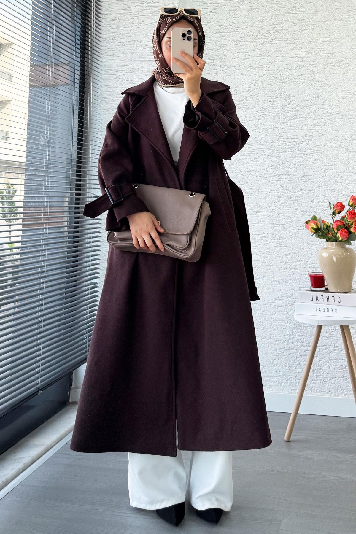 Premium Kolu Tokalı Oversize Eva Kaşe Kaban – Kızıl Kahve