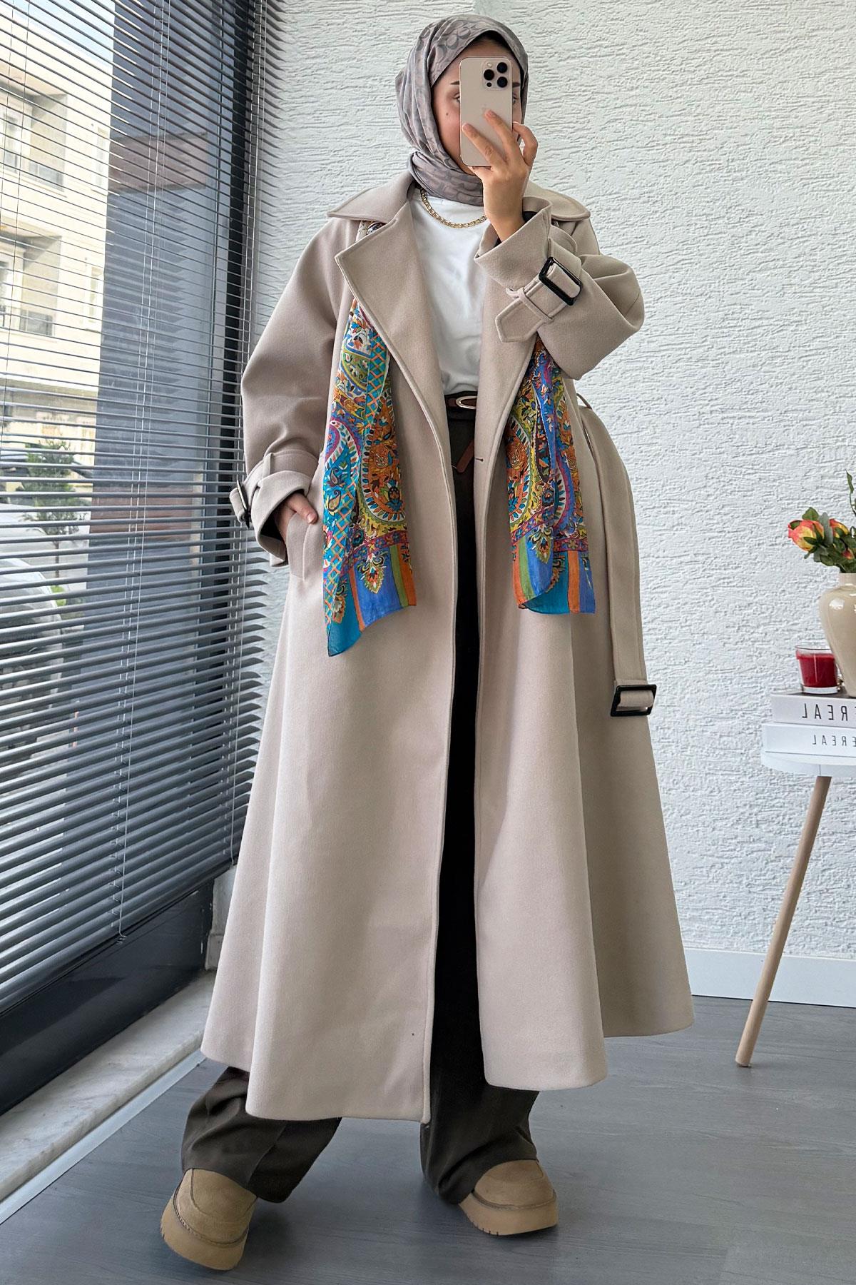 Premium Kolu Tokalı Oversize Eva Kaşe Kaban – Taş