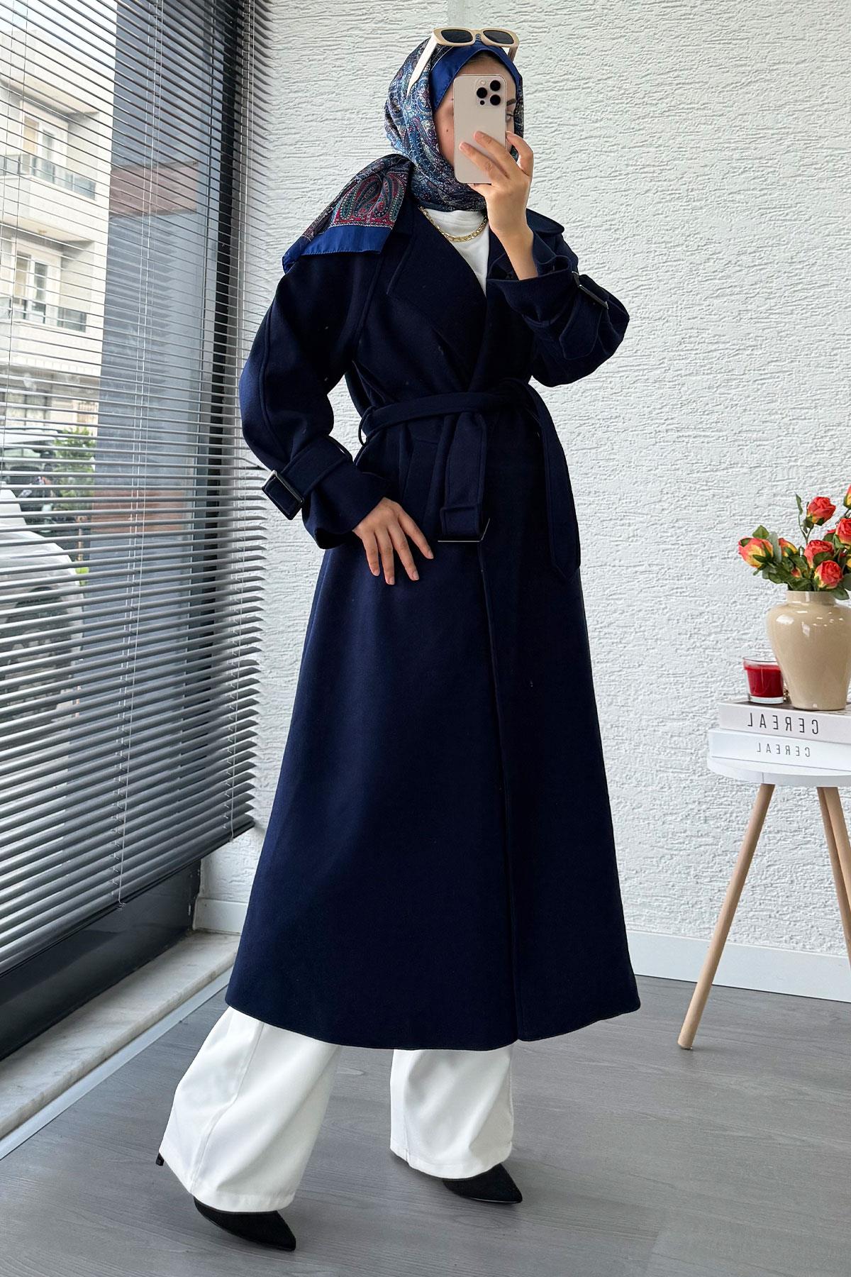 Premium Kolu Tokalı Oversize Eva Kaşe Kaban – Lacivert