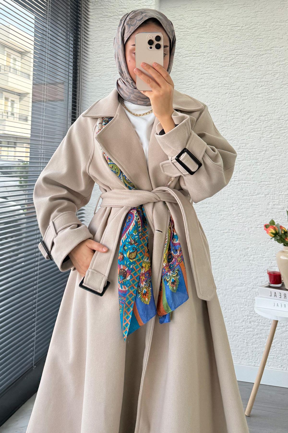 Premium Kolu Tokalı Oversize Eva Kaşe Kaban – Taş