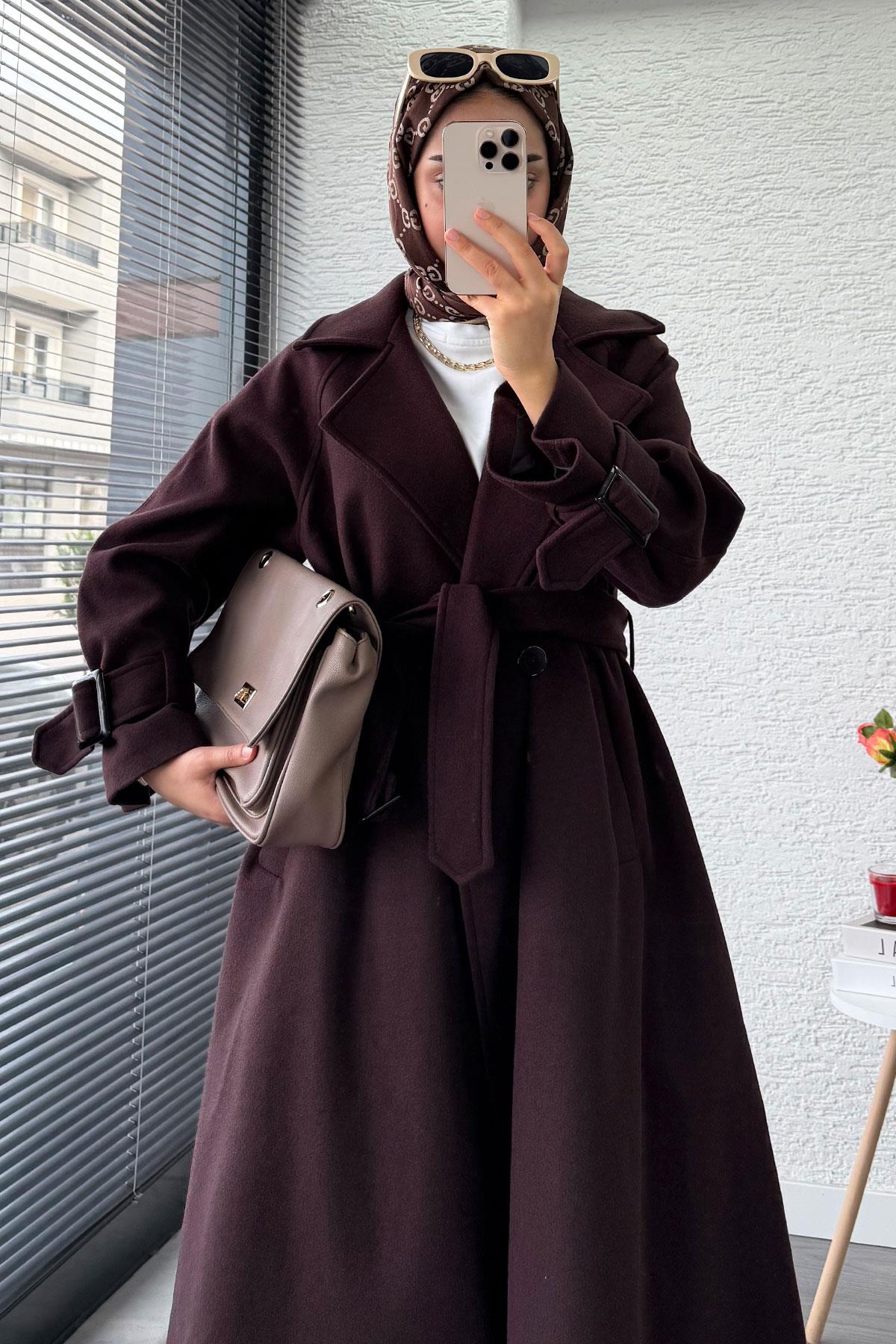 Premium Kolu Tokalı Oversize Eva Kaşe Kaban – Kızıl Kahve