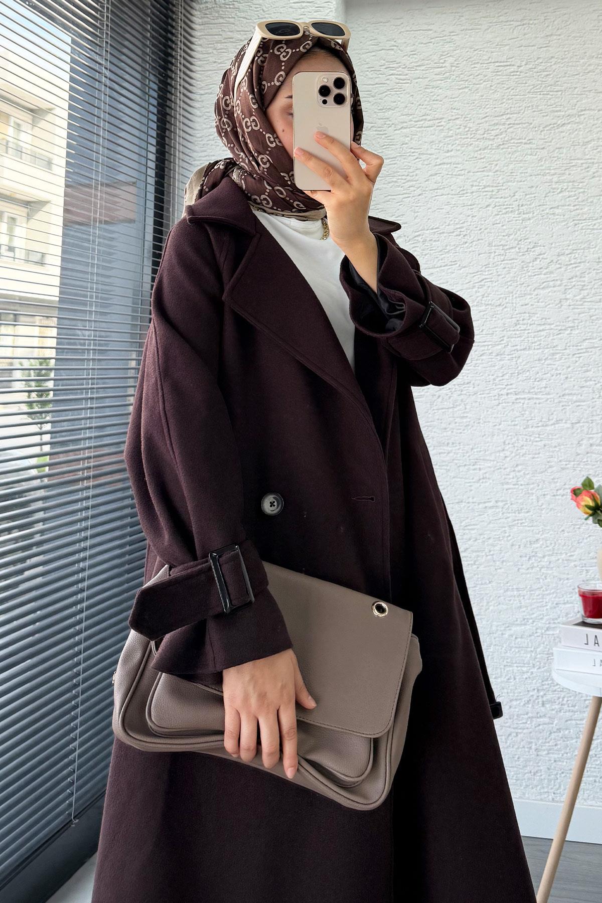 Premium Kolu Tokalı Oversize Eva Kaşe Kaban – Kızıl Kahve