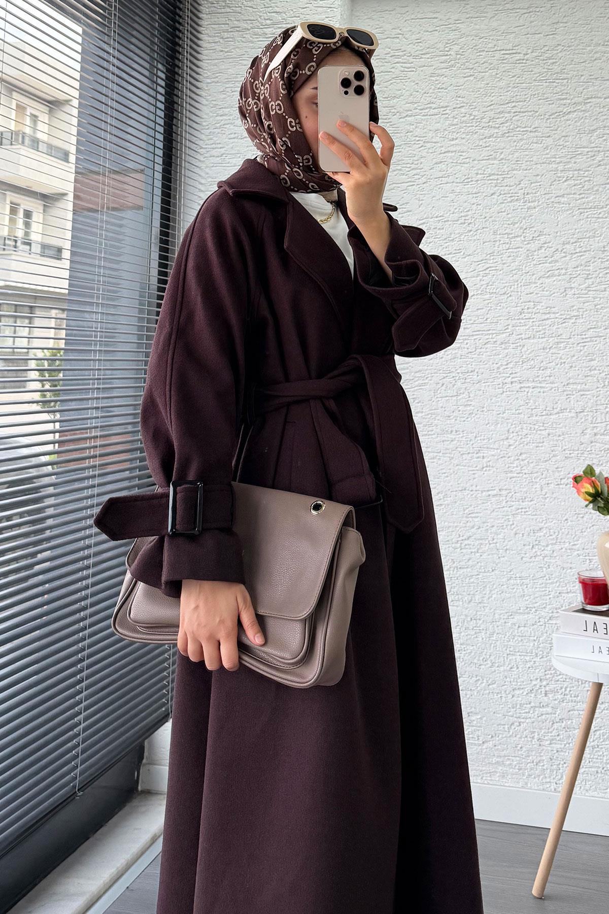 Premium Kolu Tokalı Oversize Eva Kaşe Kaban – Kızıl Kahve