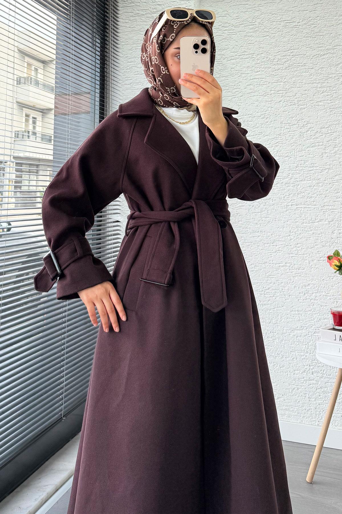 Premium Kolu Tokalı Oversize Eva Kaşe Kaban – Kızıl Kahve