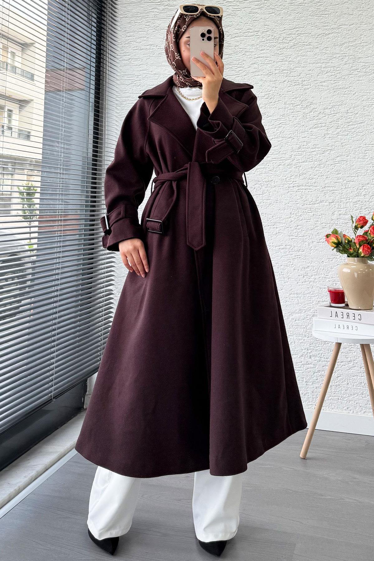 Premium Kolu Tokalı Oversize Eva Kaşe Kaban – Kızıl Kahve