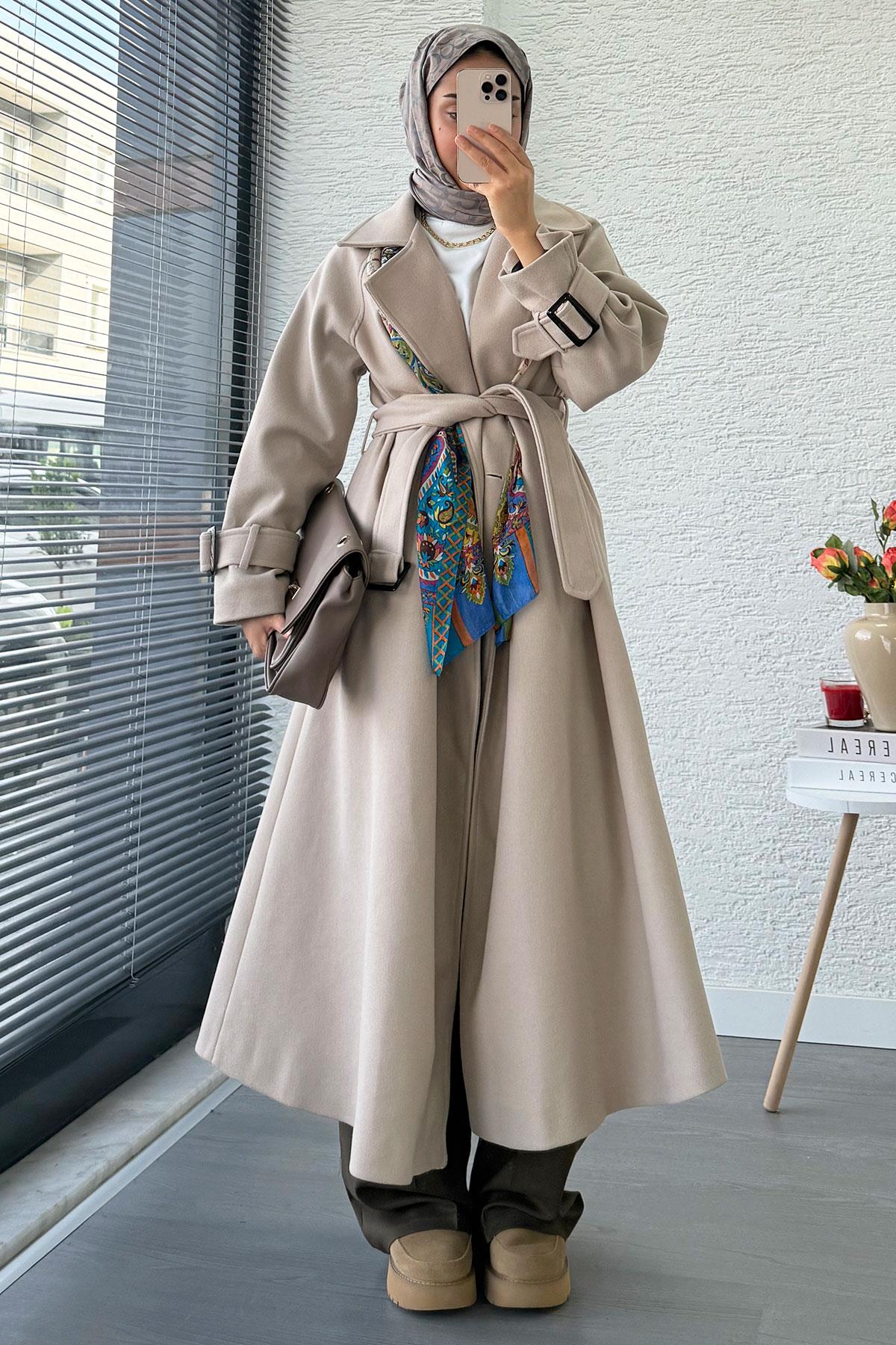 Premium Kolu Tokalı Oversize Eva Kaşe Kaban – Taş