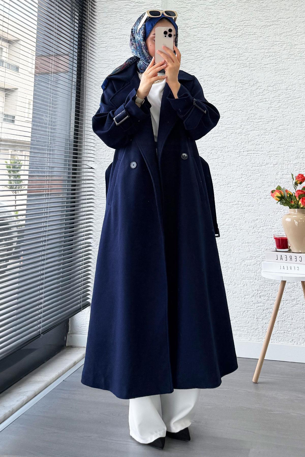 Premium Kolu Tokalı Oversize Eva Kaşe Kaban – Lacivert
