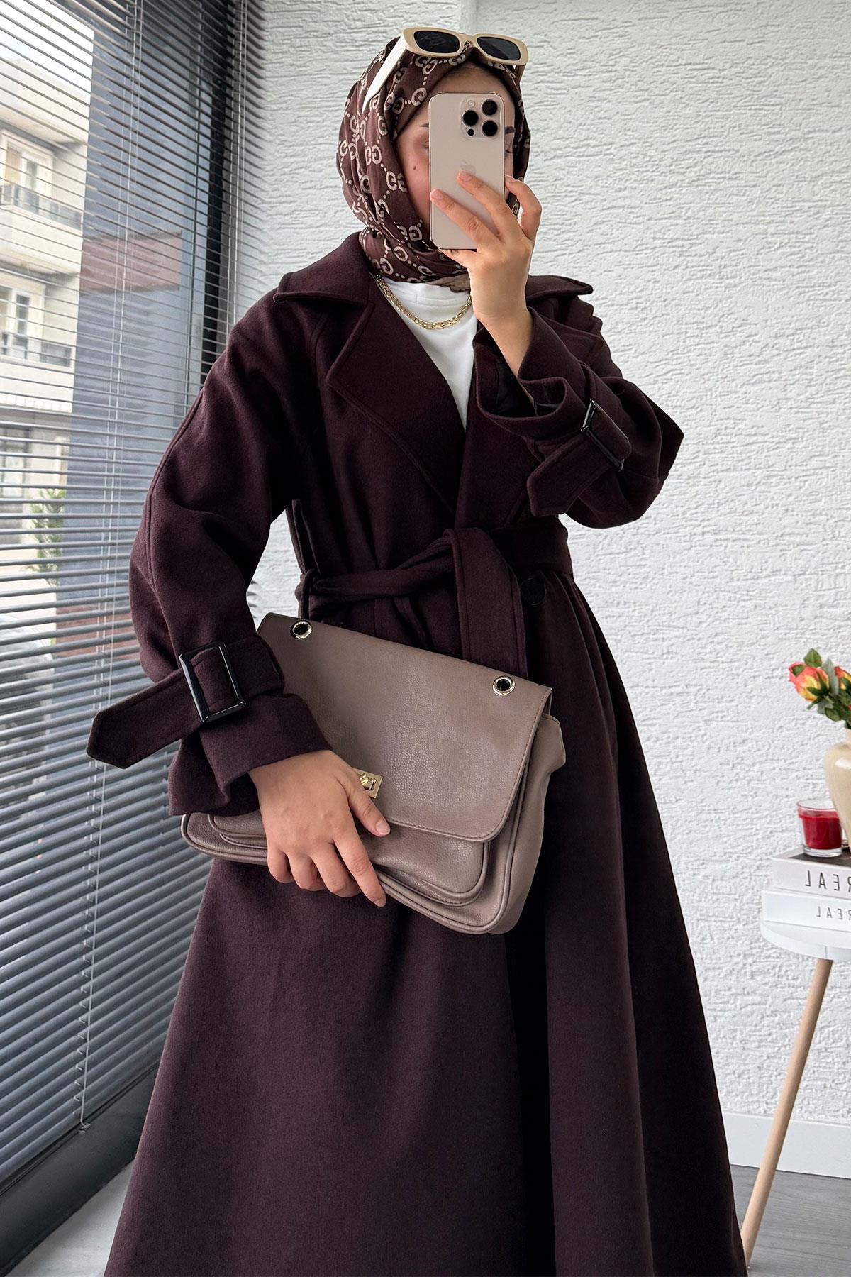 Premium Kolu Tokalı Oversize Eva Kaşe Kaban – Kızıl Kahve