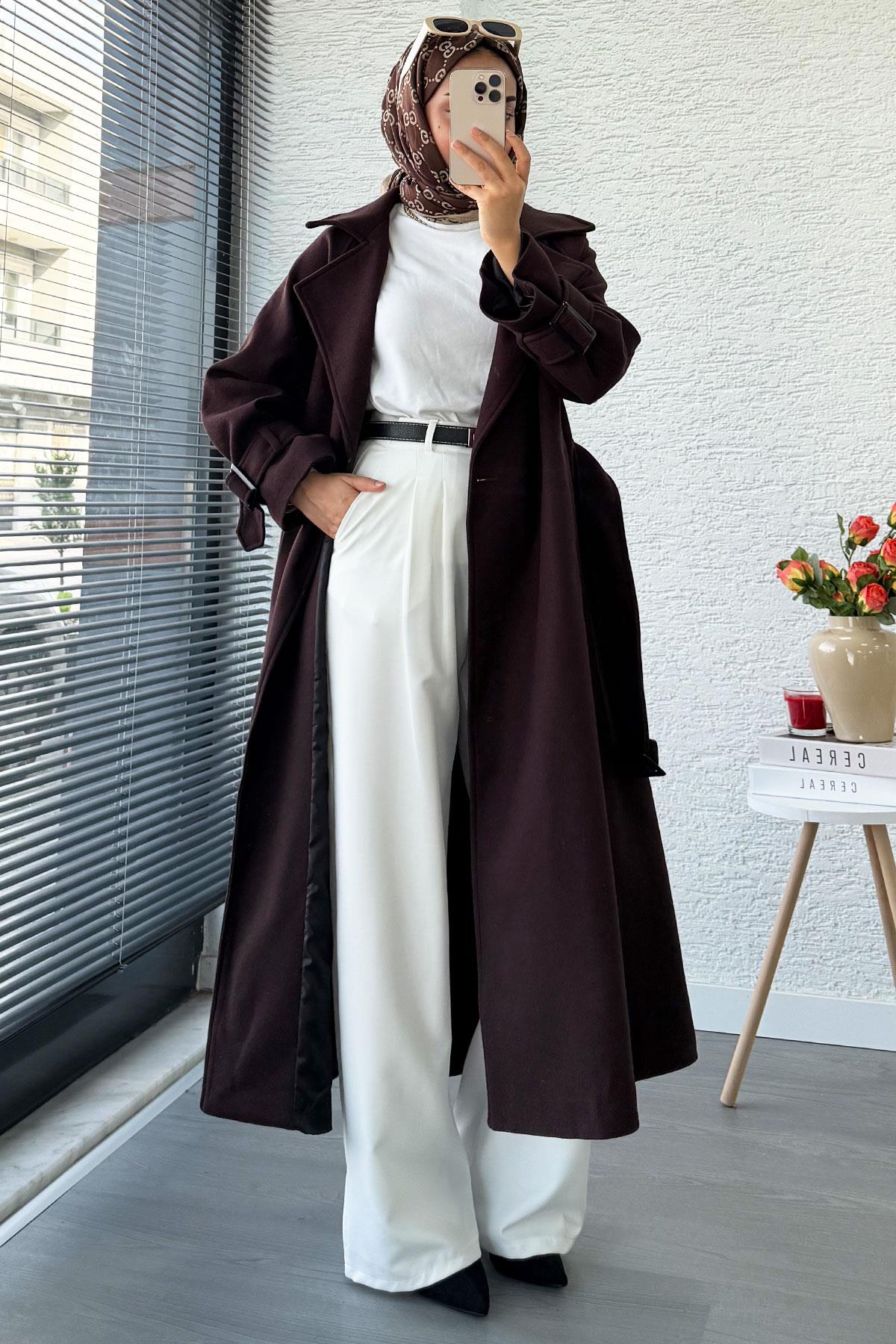 Premium Kolu Tokalı Oversize Eva Kaşe Kaban – Kızıl Kahve