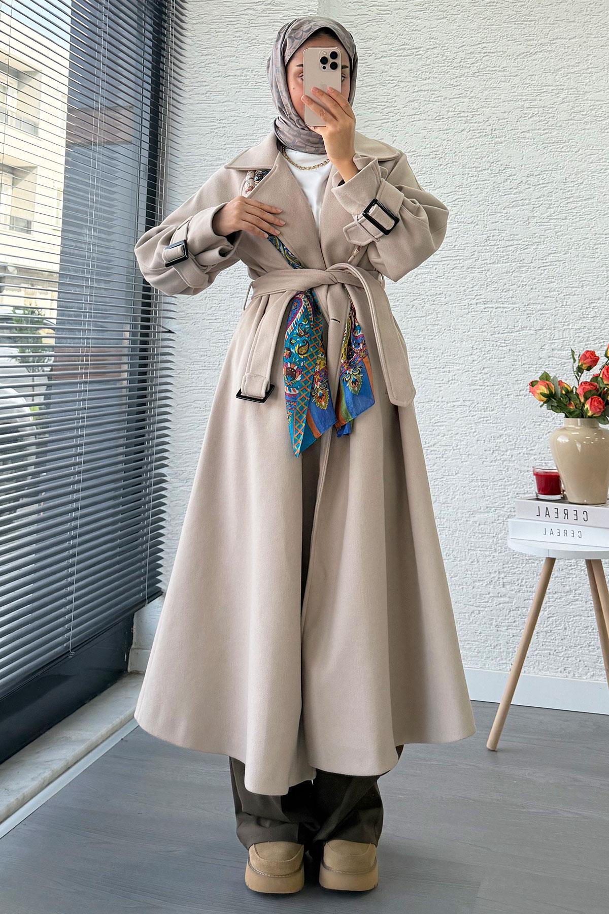 Premium Kolu Tokalı Oversize Eva Kaşe Kaban – Taş