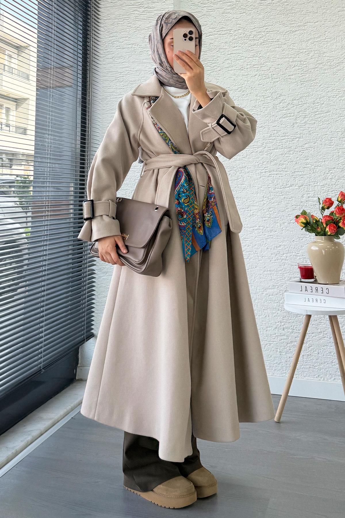 Premium Kolu Tokalı Oversize Eva Kaşe Kaban – Taş