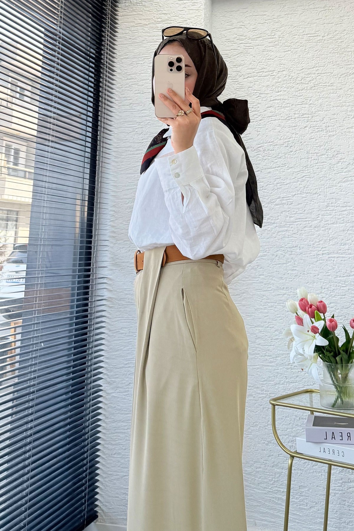 Premium Köprü Detaylı Kemerli Twill Palazzo Pantolon - Çağla