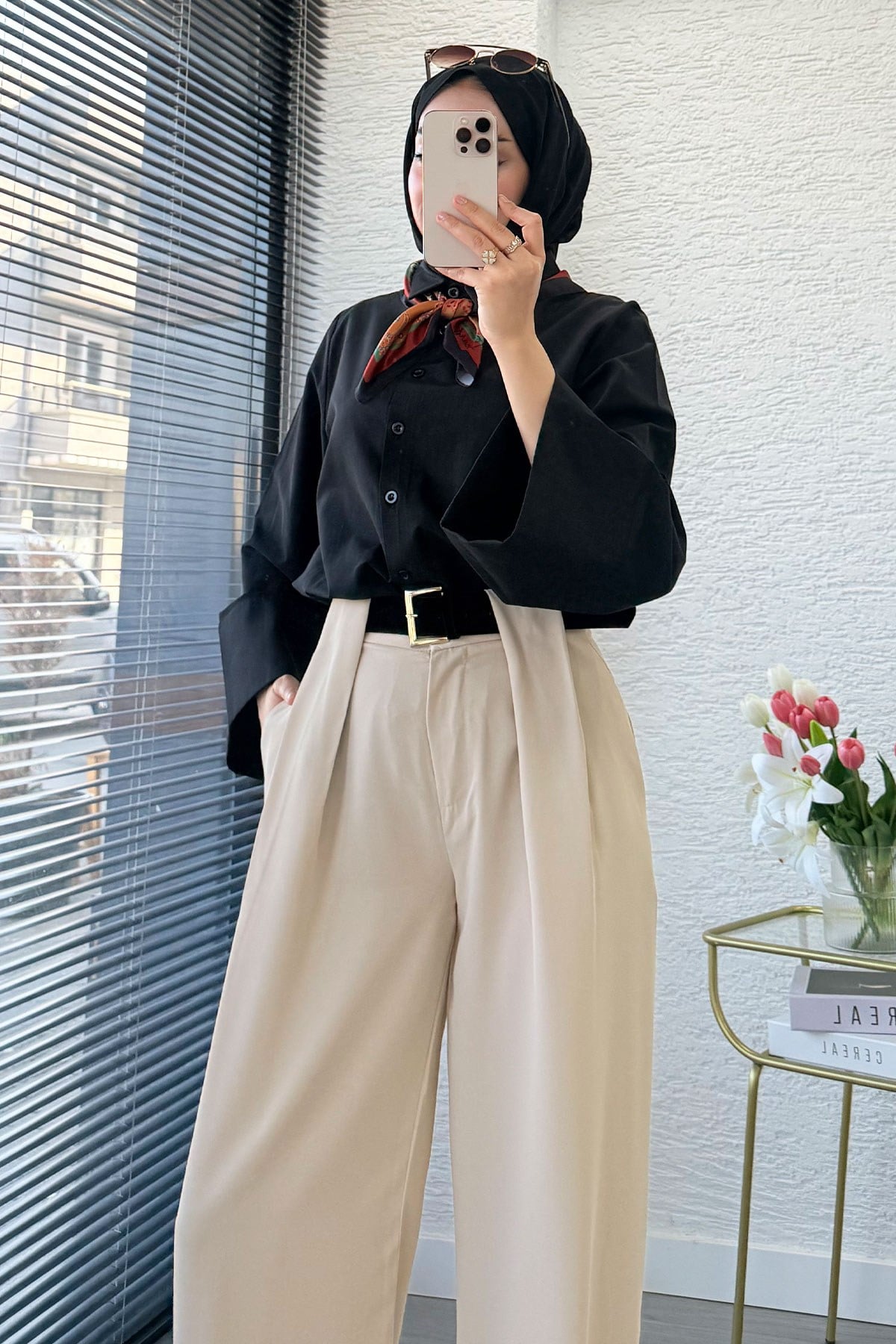 Premium Köprü Detaylı Kemerli Twill Palazzo Pantolon - Taş