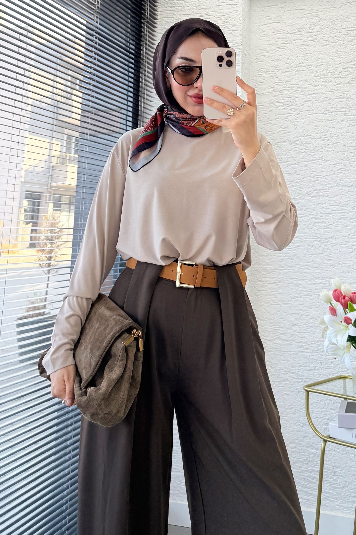 Premium Köprü Detaylı Kemerli Twill Palazzo Pantolon - Kahverengi
