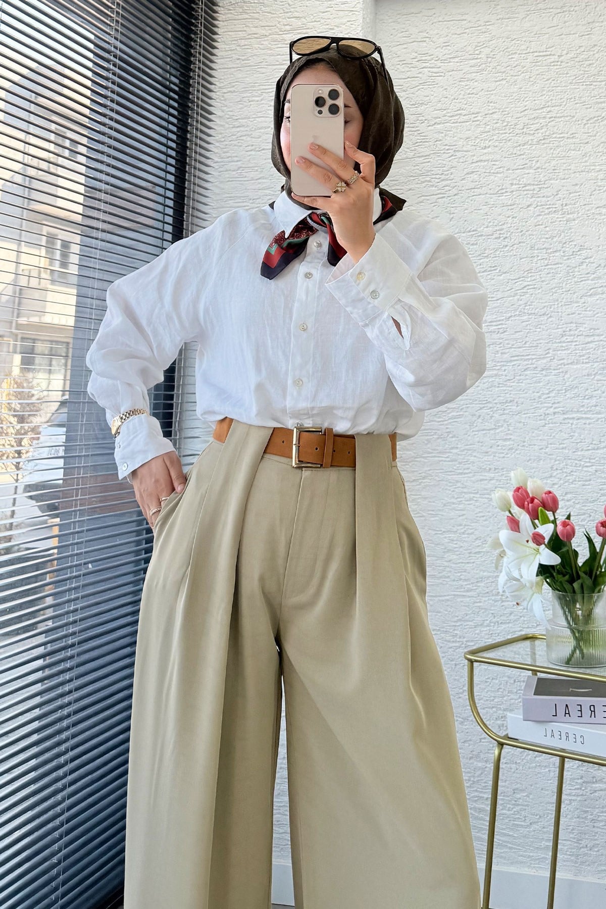 Premium Köprü Detaylı Kemerli Twill Palazzo Pantolon - Çağla
