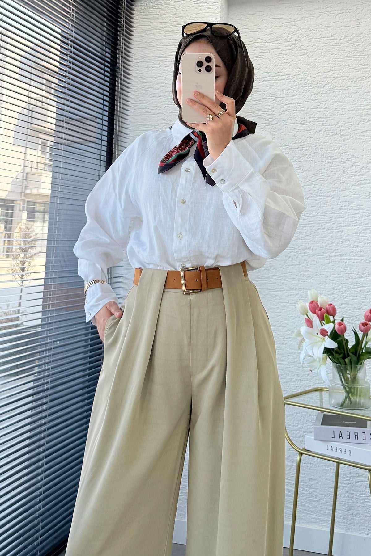 Premium Köprü Detaylı Kemerli Twill Palazzo Pantolon - Çağla