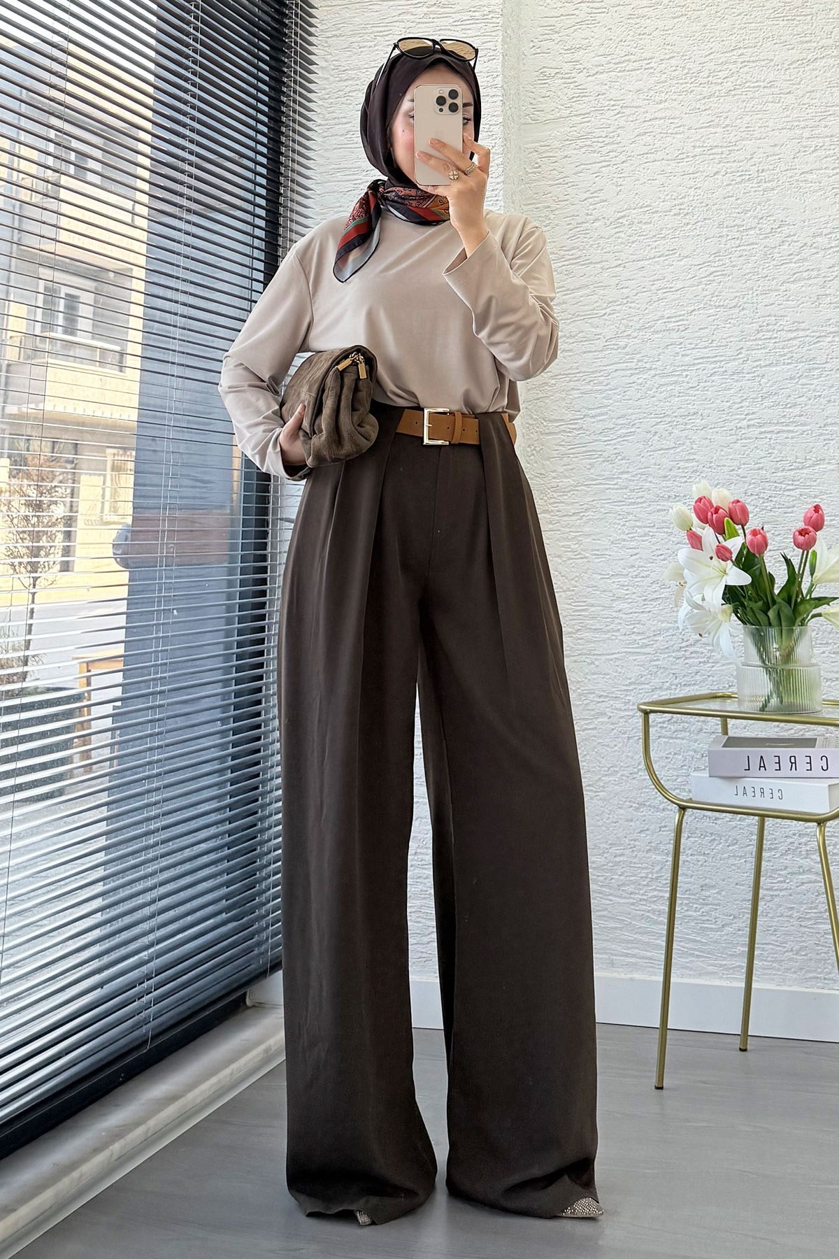 Premium Köprü Detaylı Kemerli Twill Palazzo Pantolon - Kahverengi