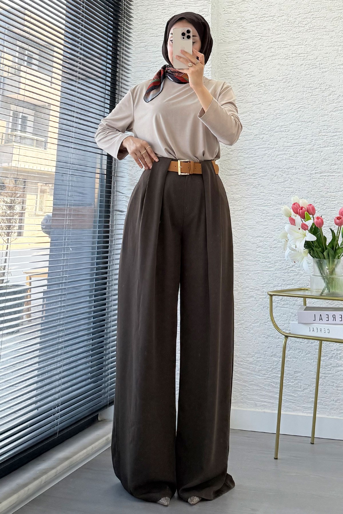 Premium Köprü Detaylı Kemerli Twill Palazzo Pantolon - Kahverengi